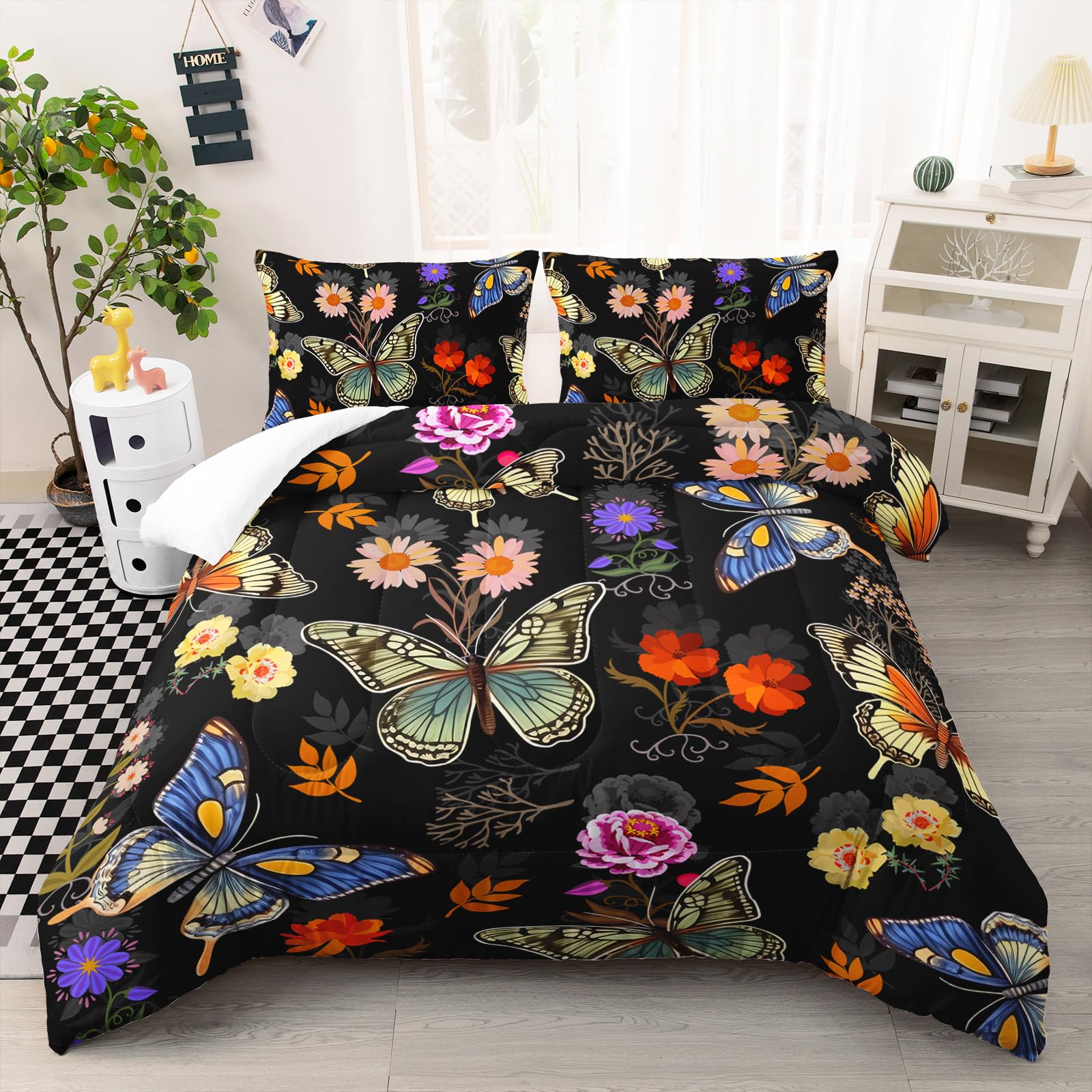 Ntlfup Black Floral Comforter Set Queen Size, Colorful Butterfly and Flowers Bedding Set, Soft Polyester Quilt Set with 2 Pillowcases