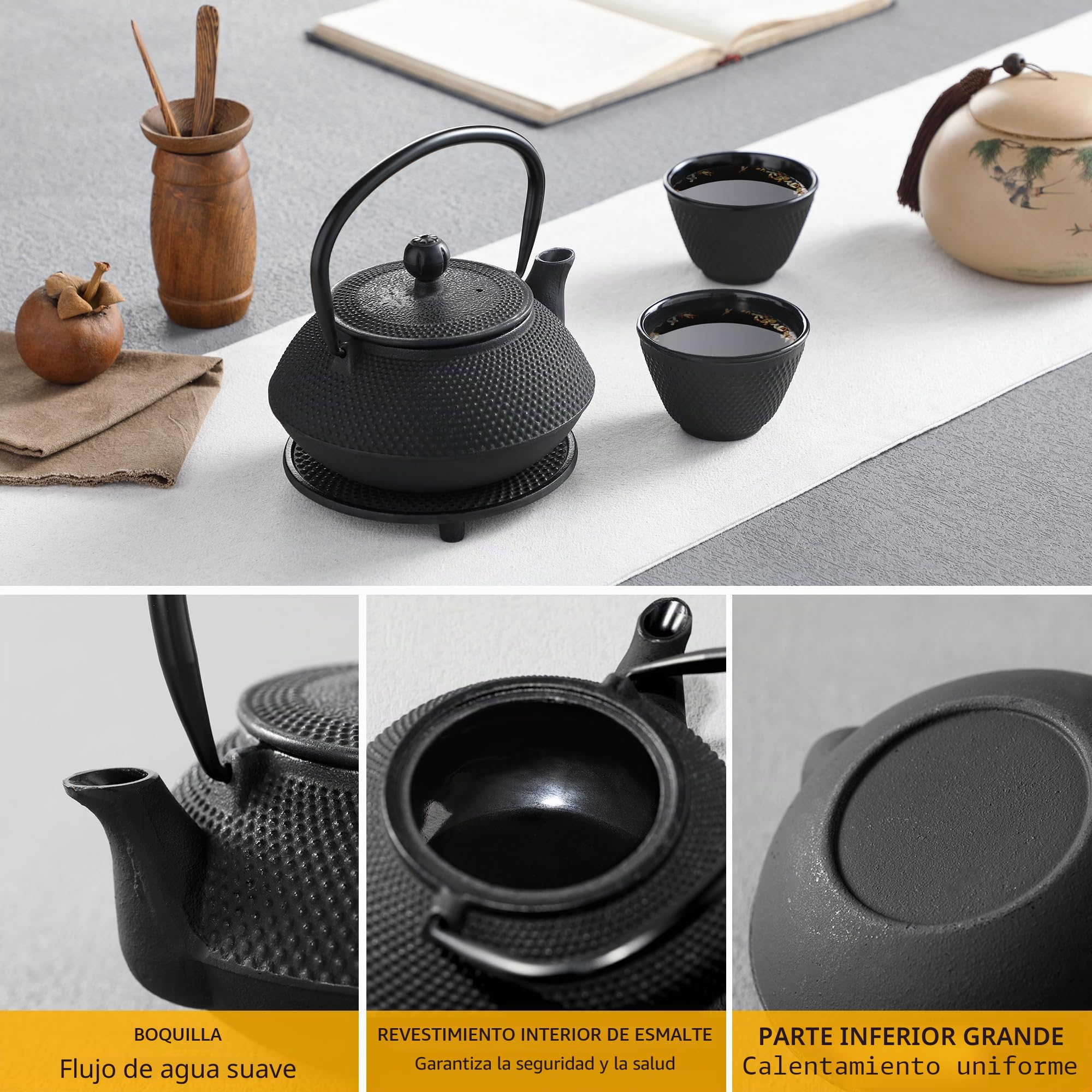 Velaze Juego de tetera de hierro, tetera tradicional japonesa Tetsubin de hierro fundido con infusor de acero inoxidable, diseño antiguo de puntos pequeños, 2 tazas de hierro y bandeja de soporte de