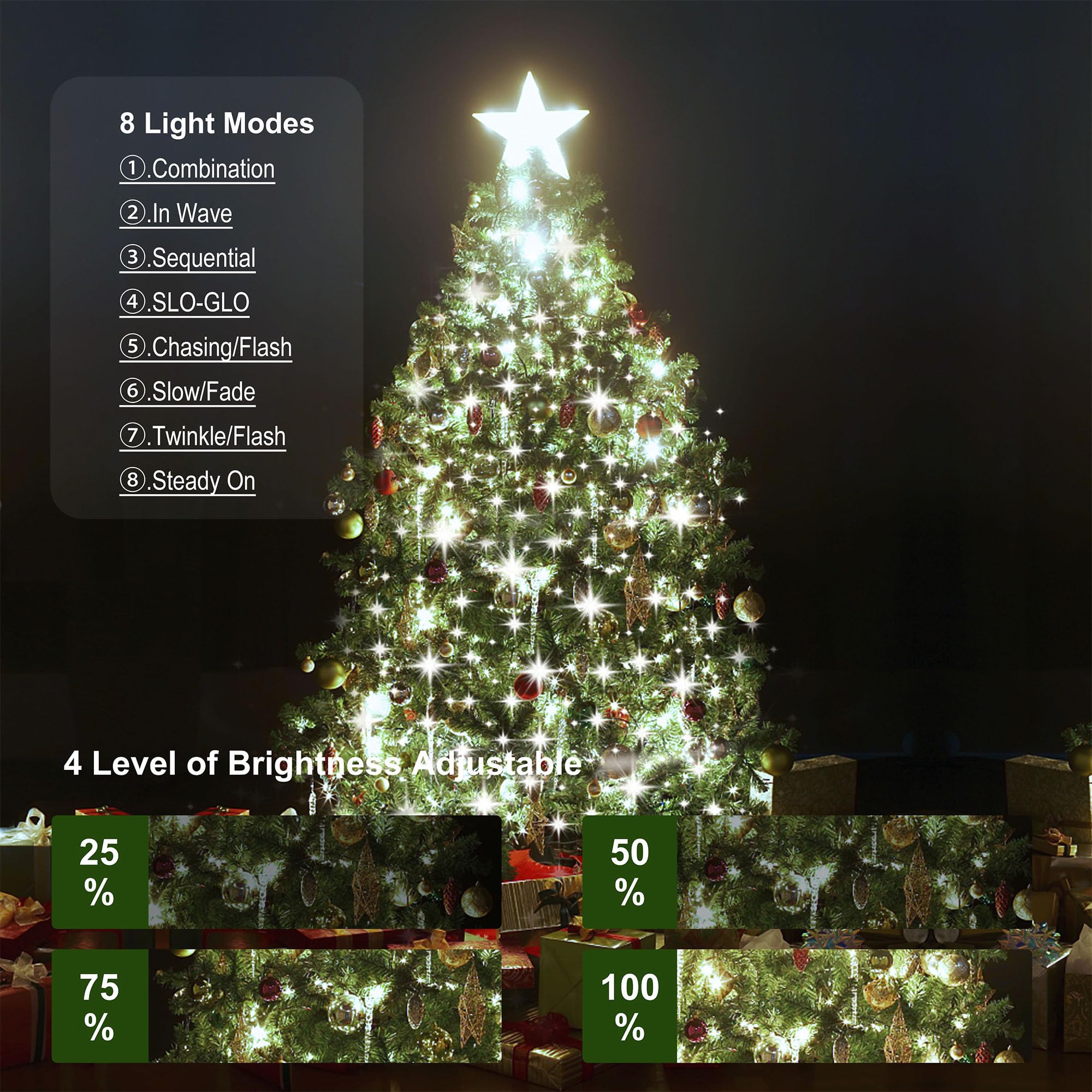 Catena di luci per albero di Natale con stelle, 410 LED, illuminazione natalizia, rete luminosa con telecomando, 2 m, luce per albero di Natale con anello per interni ed esterni, bianco freddo