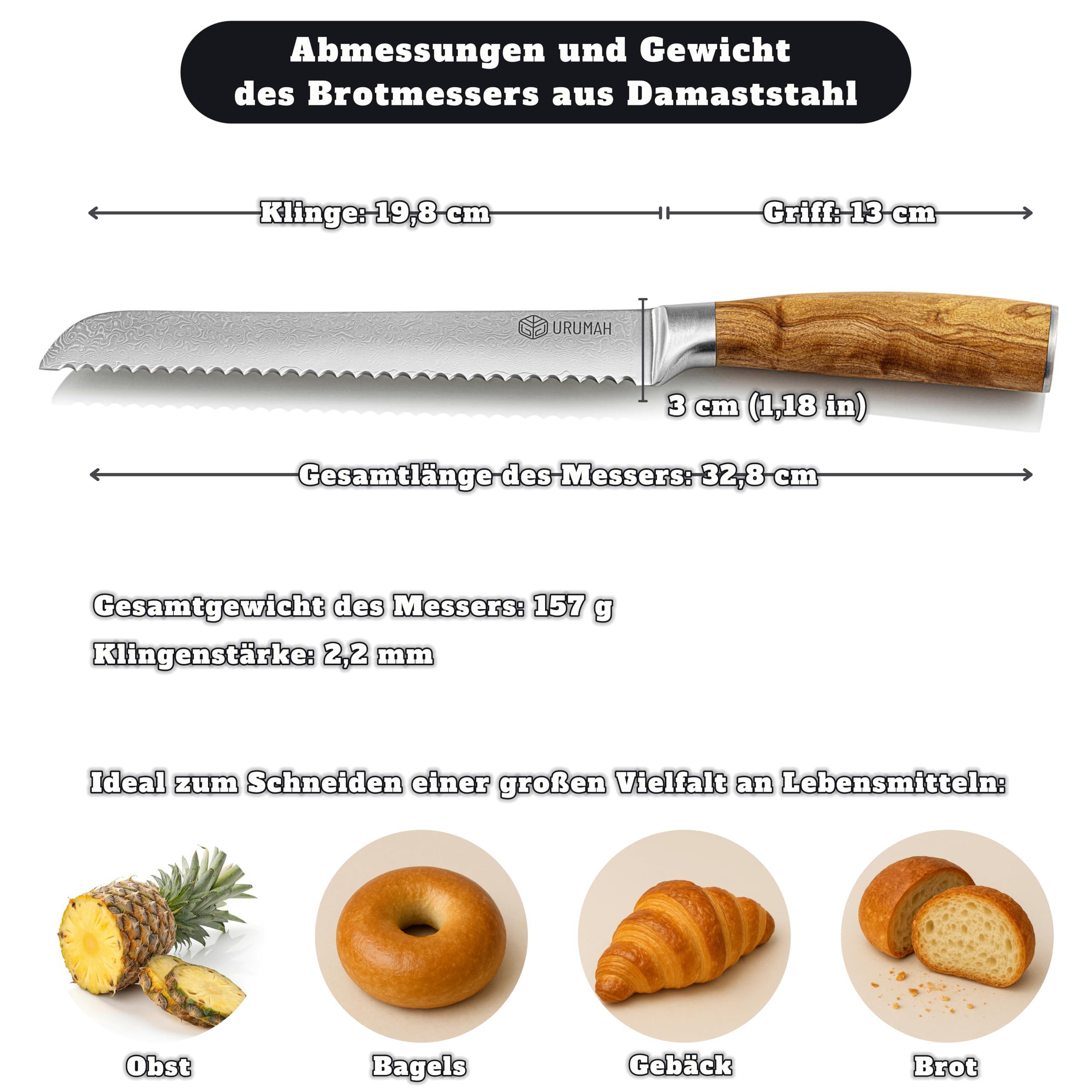 Damast Brotmesser Wellenschliff Klingenlänge 20 cm, Olivenholzgriff, 67‑lagiger Damaststahl, handgeschmiedet, inkl. Etui & Geschenkbox
