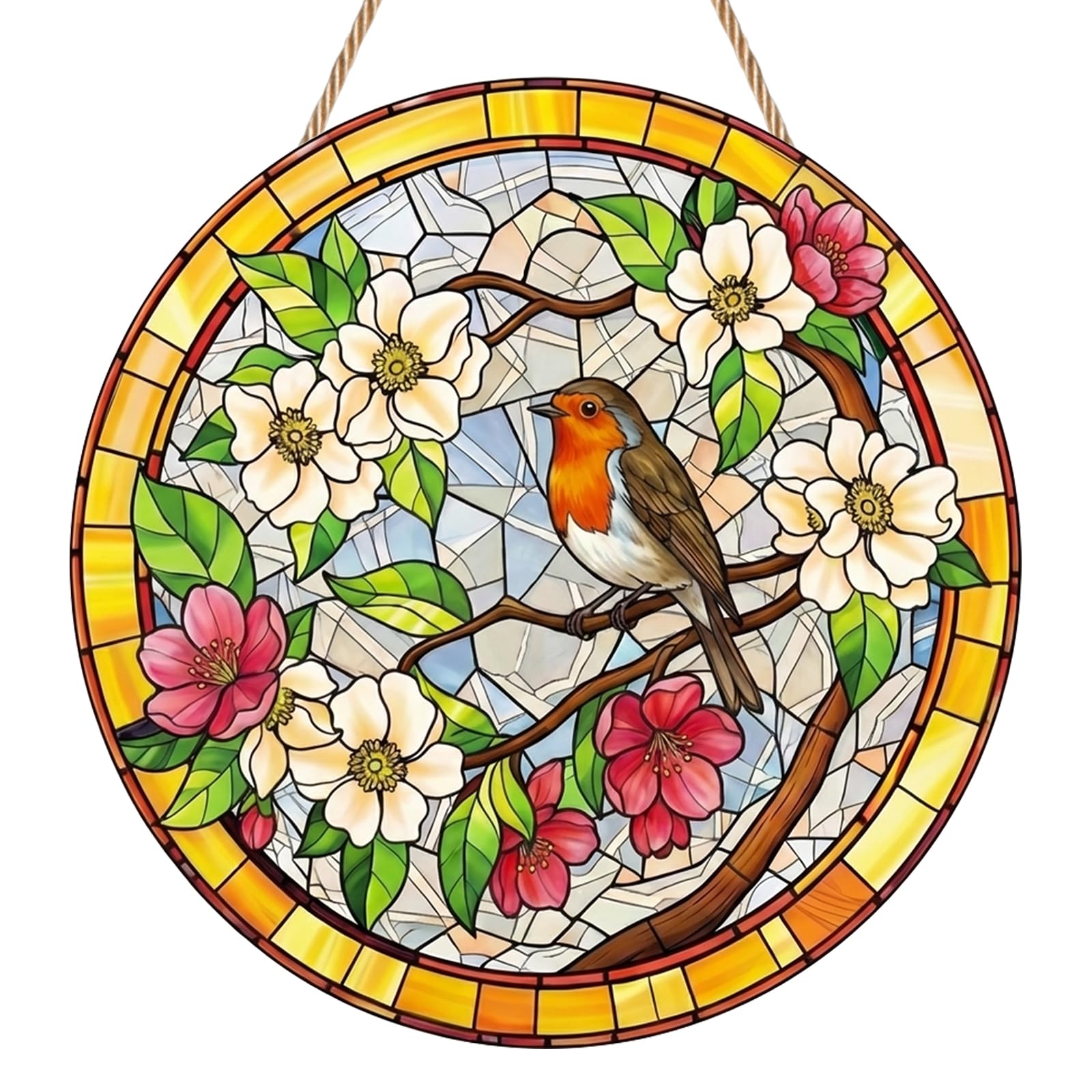 Robin Sun Catchers for Windows, Robin Suncatchers for Windows, Acrylic Stained Glass Window Hanging, Colorful Round Garden Decor, Colorful Window Wall Hanging Ornament for Women Men