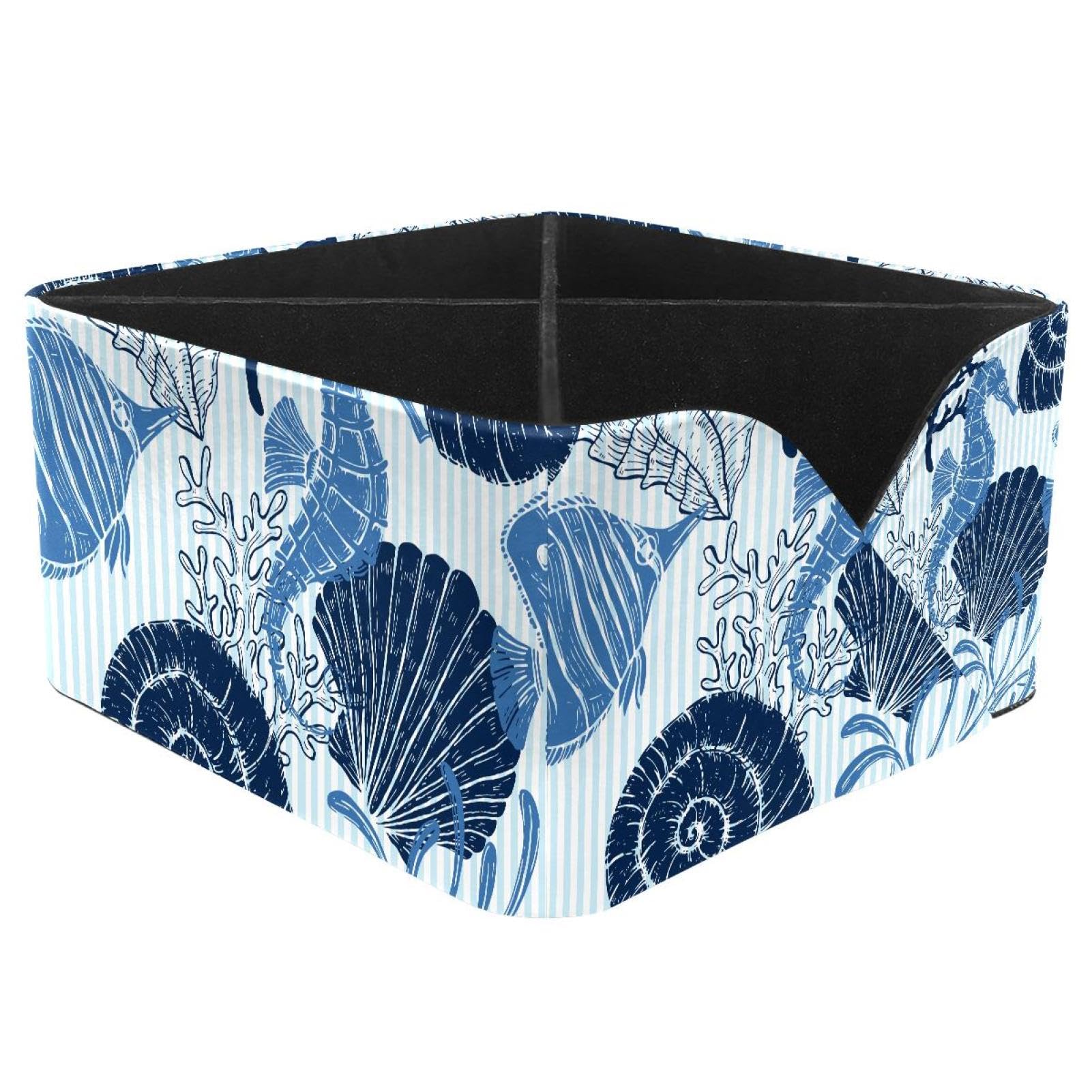 KengjuTesu Seashell Seahorse Coral Blue Stripped Pattern Desktop Organizer Pen Holder, Rectangular Pencil Cup for Office, Study and Makeup Stations