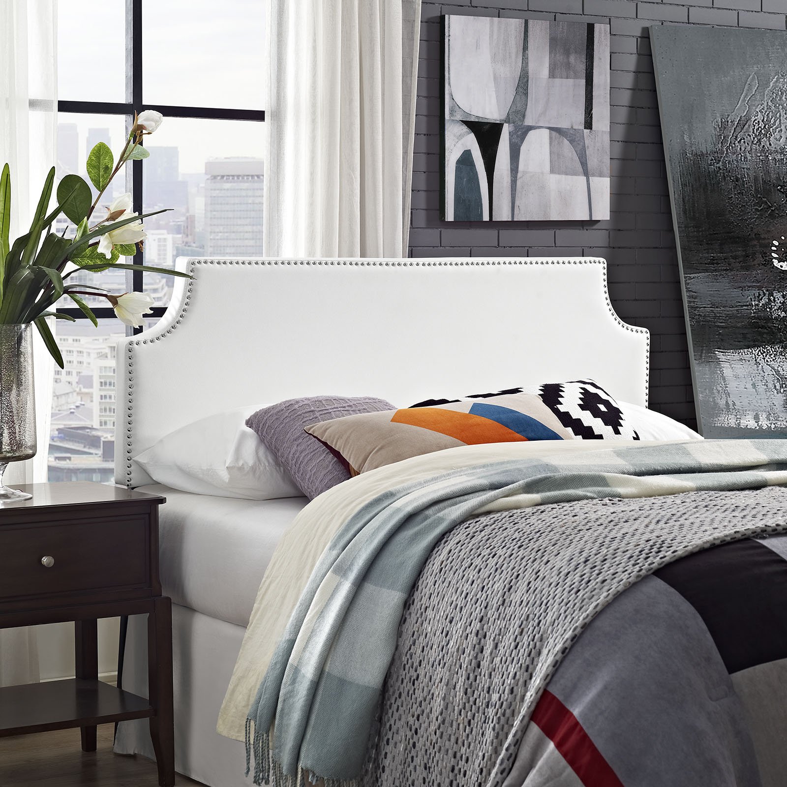 Modway Laura Vegan Leather Upholstered Queen Size Headboard with Nailhead Trim in White