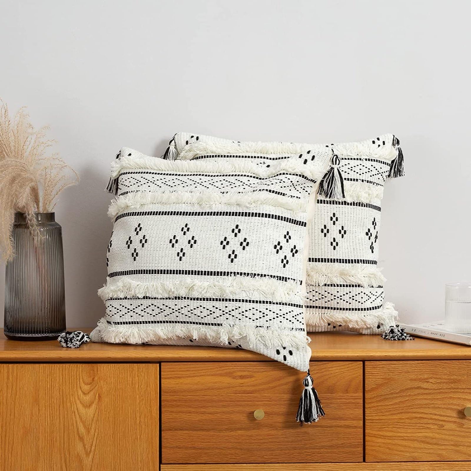 Fodera per Cuscino Boho Intrecciato macramè Home Decor Cuscini Comfort Trapuntati con Nappe,Nero,45 x 45 cm