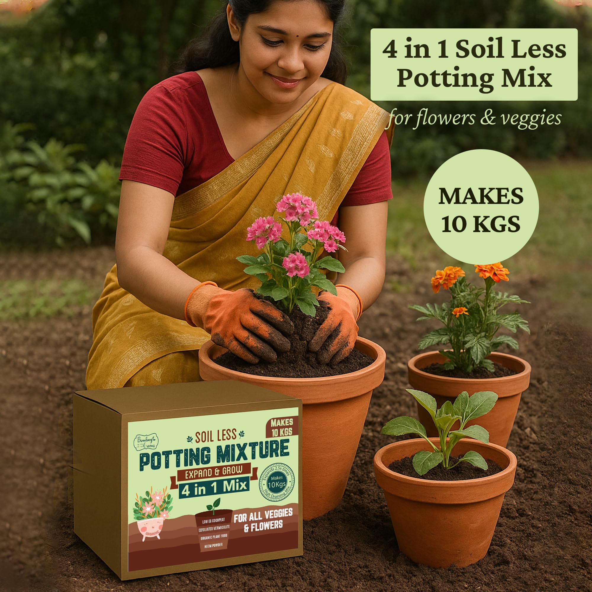 10Kg Soil Less 4 in 1 Potting Mixture - Cocopeat, Vermiculite, Neem Khad, Organic Plant Food | Pot Mix for Home Gardening or Terrace Garden - Bombay Greens - Image 2 thumbnail