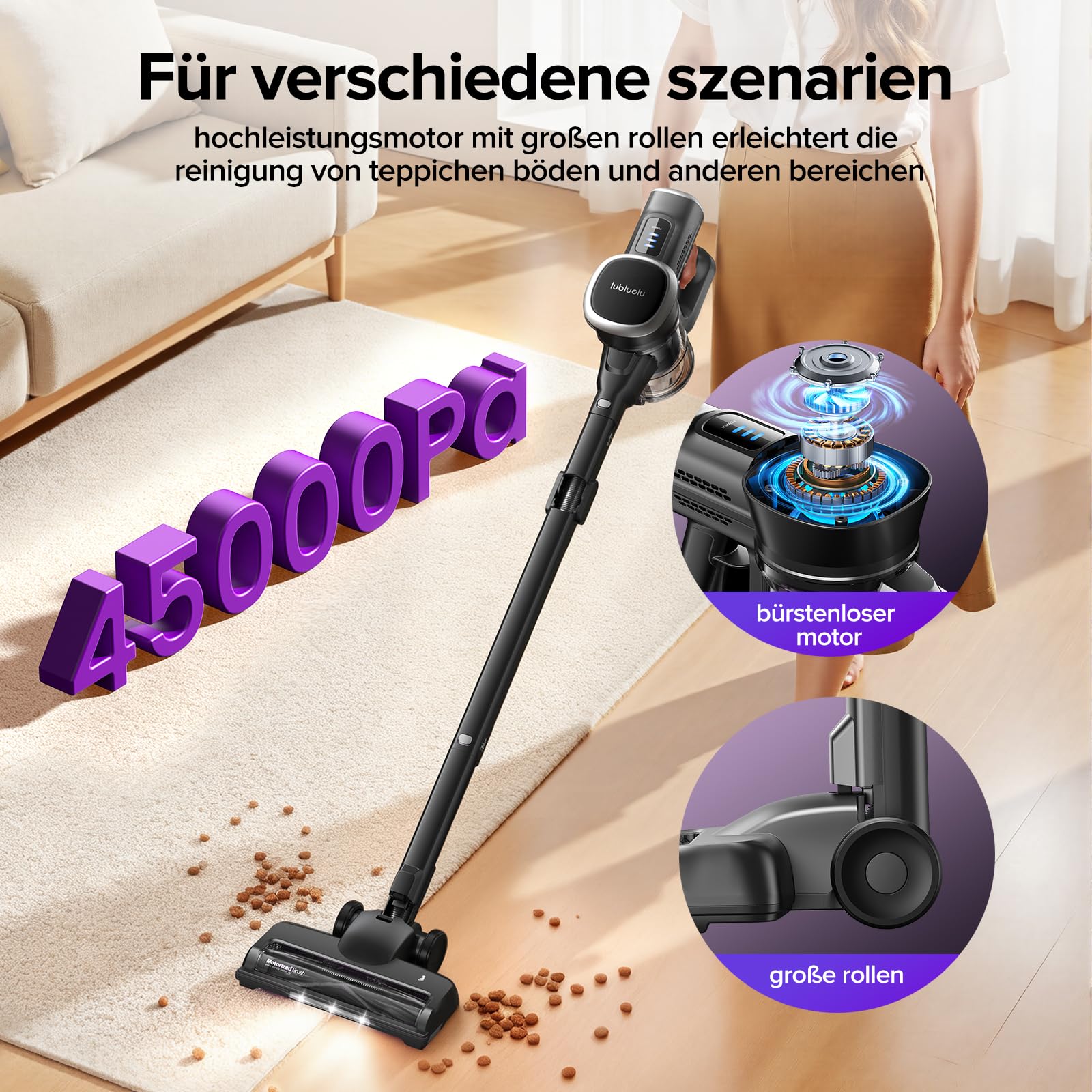 Lubluelu Kabelloser Akku Staubsauger 400W/45000Pa, bis zu 50 Min Laufzeit, Anti-Tangle-Bodenbürste, 2 Filter, für Tierhaare, Teppiche & Hartböden
