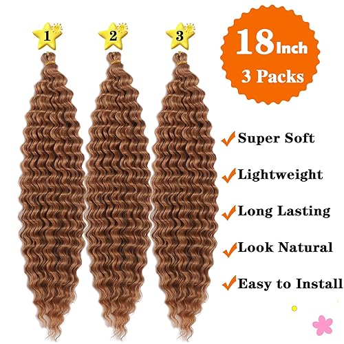 Miniatura 2 de Cabello trenzado de onda profunda de 18 pulgadas, cabello ondulado de ganchillo de 18 pulgadas, 3 paquetes de cabello sintético marrón rizado,