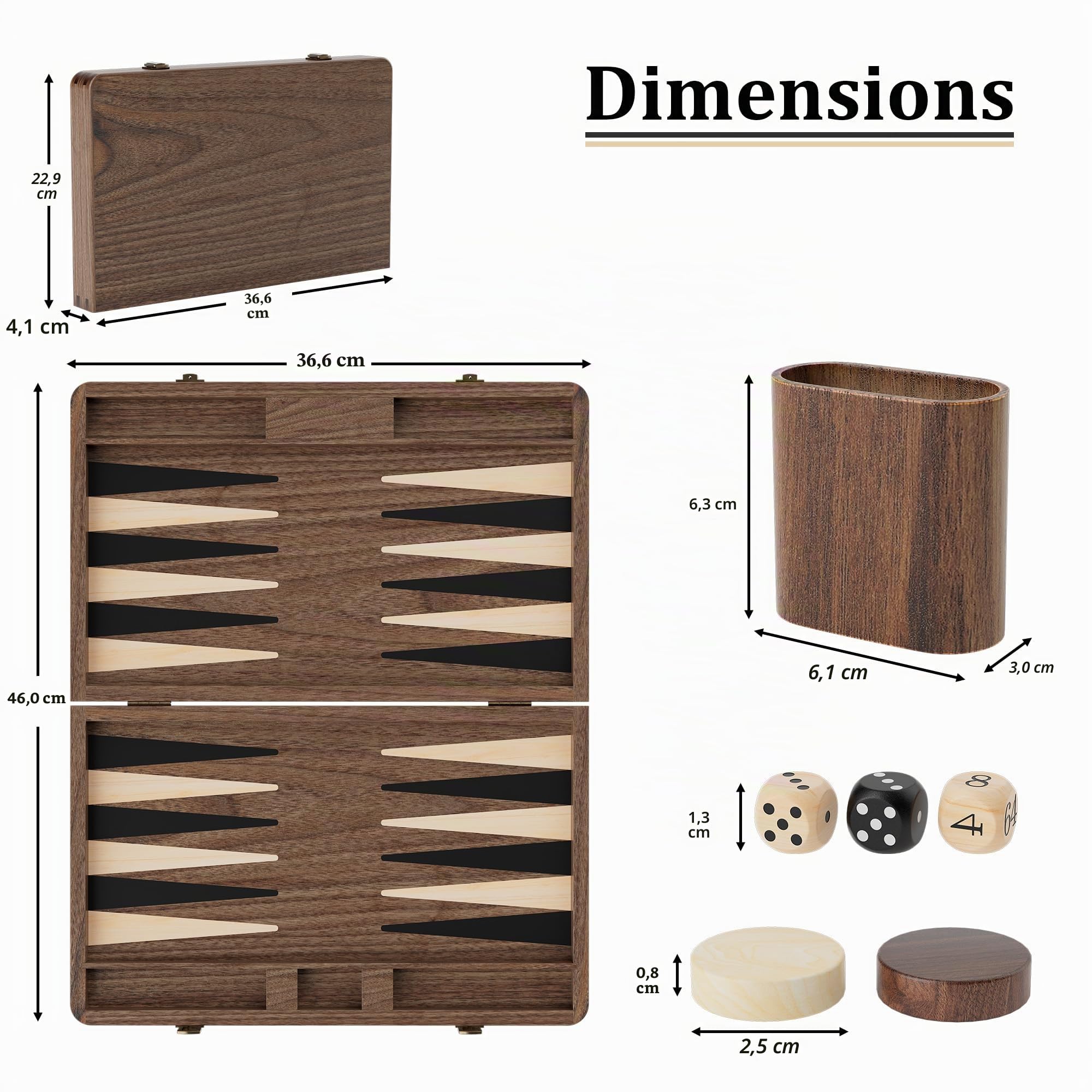 Jeu de backgammon de qualité supérieure en bois de noyer noir - Jeu de voyage de luxe (avec dés et doubleur)