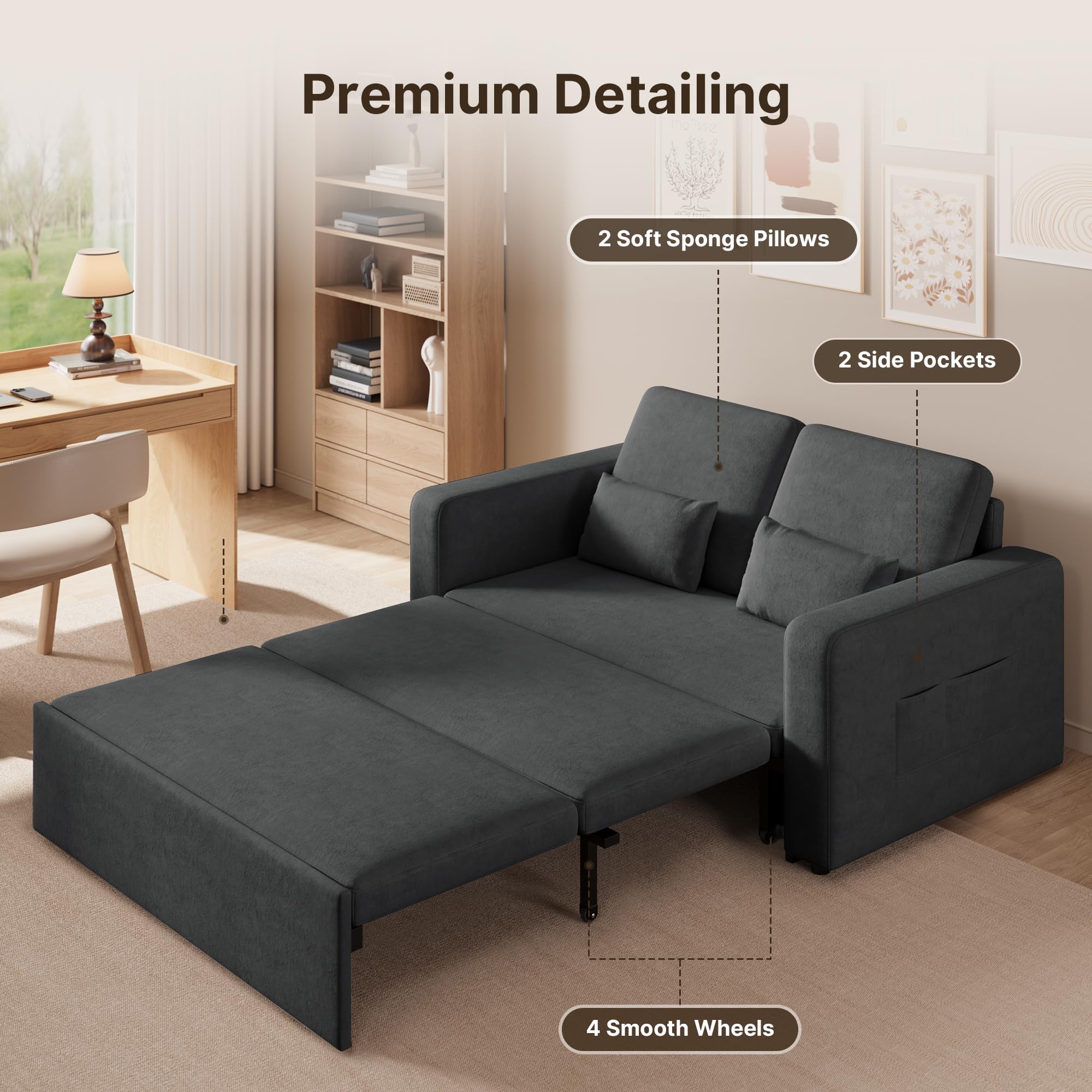 Xbro Divano Letto 2 Posti in Ciniglia, con Cuscini Spessi, 2 Guanciali e Tasche Laterali, Salvaspazio per Soggiorno, Camera da Letto o Ufficio, Moderno, 147x196x87 cm, Grigio Scuro