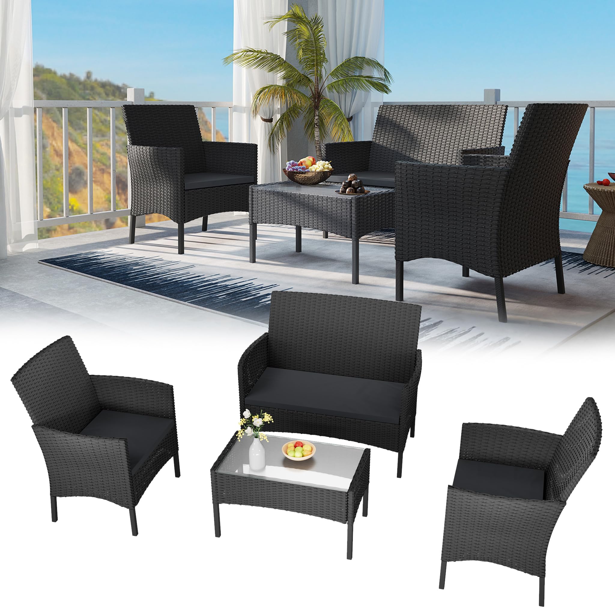 4-teilig Gartenmöbel Set, PE-Polyrattan Lounge Möbel mit 2-Sitzer Sofa, 2 Sesseln & Glastisch, Wetterfest & Pflegeleicht, Sitzgruppe für Balkon, Terrasse, Poolbereich, Anthrazit