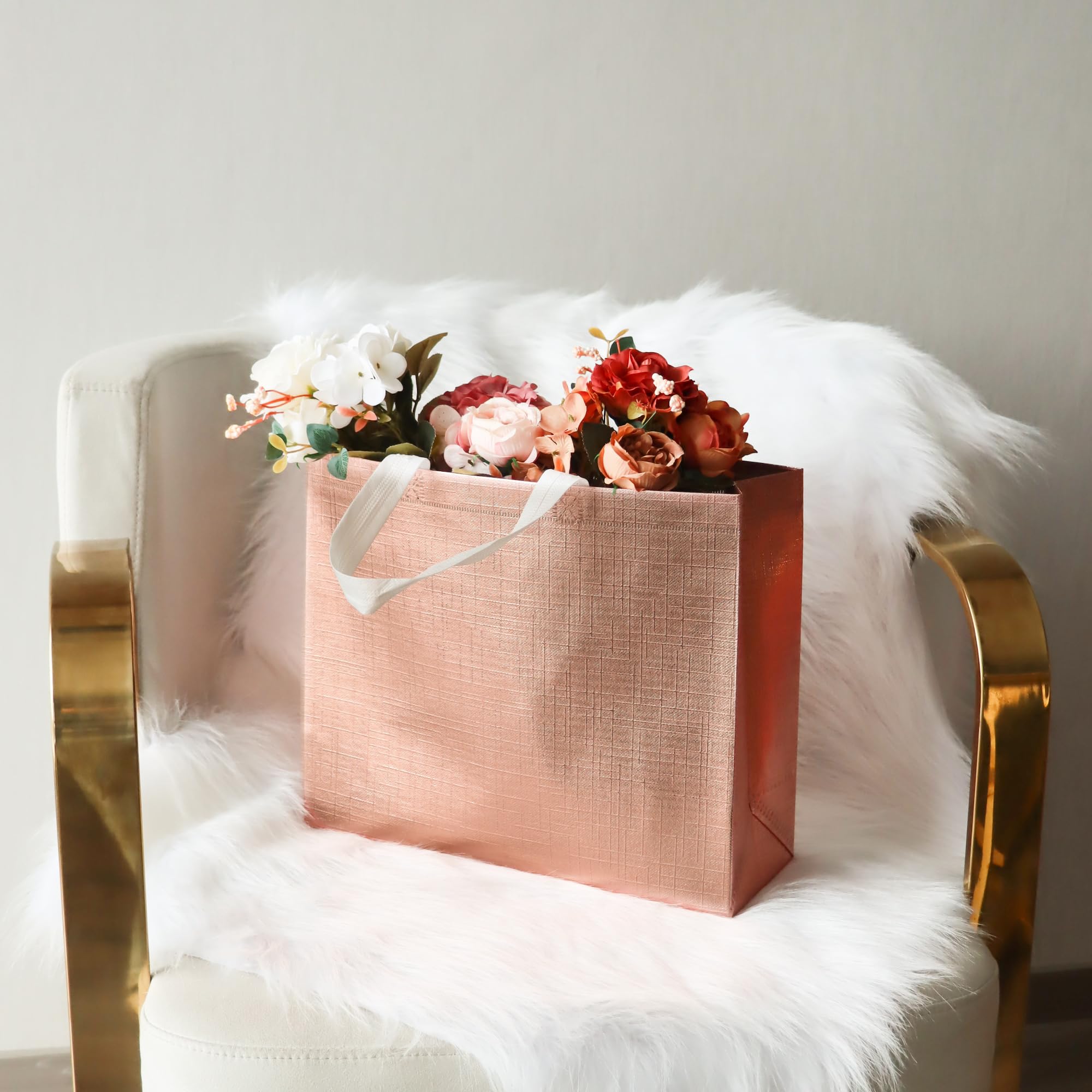 cabzymx 16 bolsas de regalo reutilizables de oro rosa con bases, 12.6 x 4.7 x 11 pulgadas, bolsas de bienvenida de boda a granel, bolsas de fiesta no tejidas para cumpleaños, bodas, fiestas,