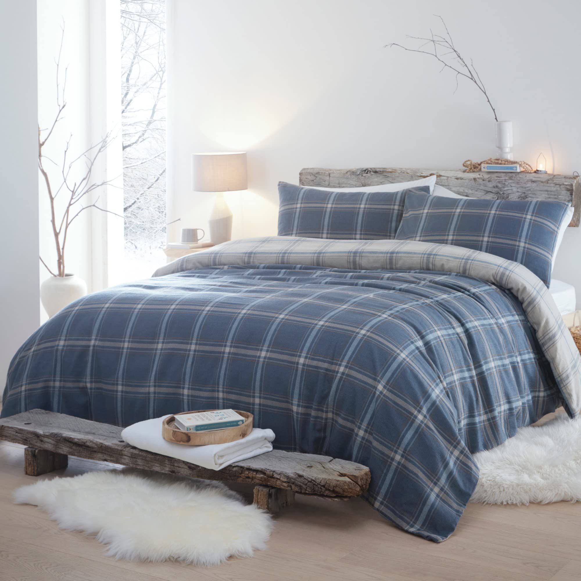 Appletree Hygge - Aviemore Check - 100% Brushed Cotton Duvet Cover Set - King Bed Size in Blue