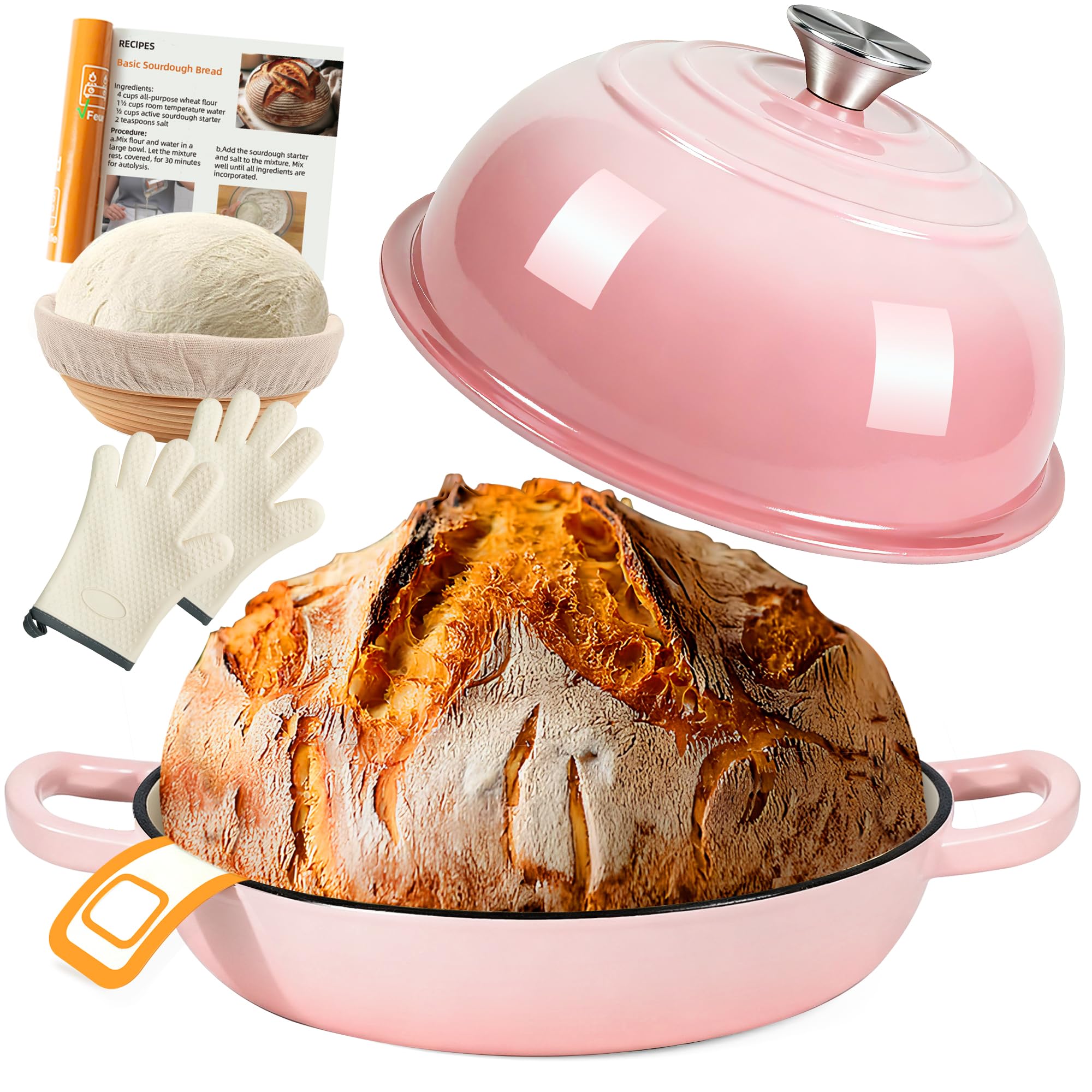 Gusseisen Topf Brot Backen,5,7L Bräter Emaille Schmortopf mit Deckel und Griffen,26 cm Dutch Oven,Brotbacktopf mit Gärkorb,Schmortopf Gusseisen Topf für Küche Backen Schmoren & Braten (Rosa)