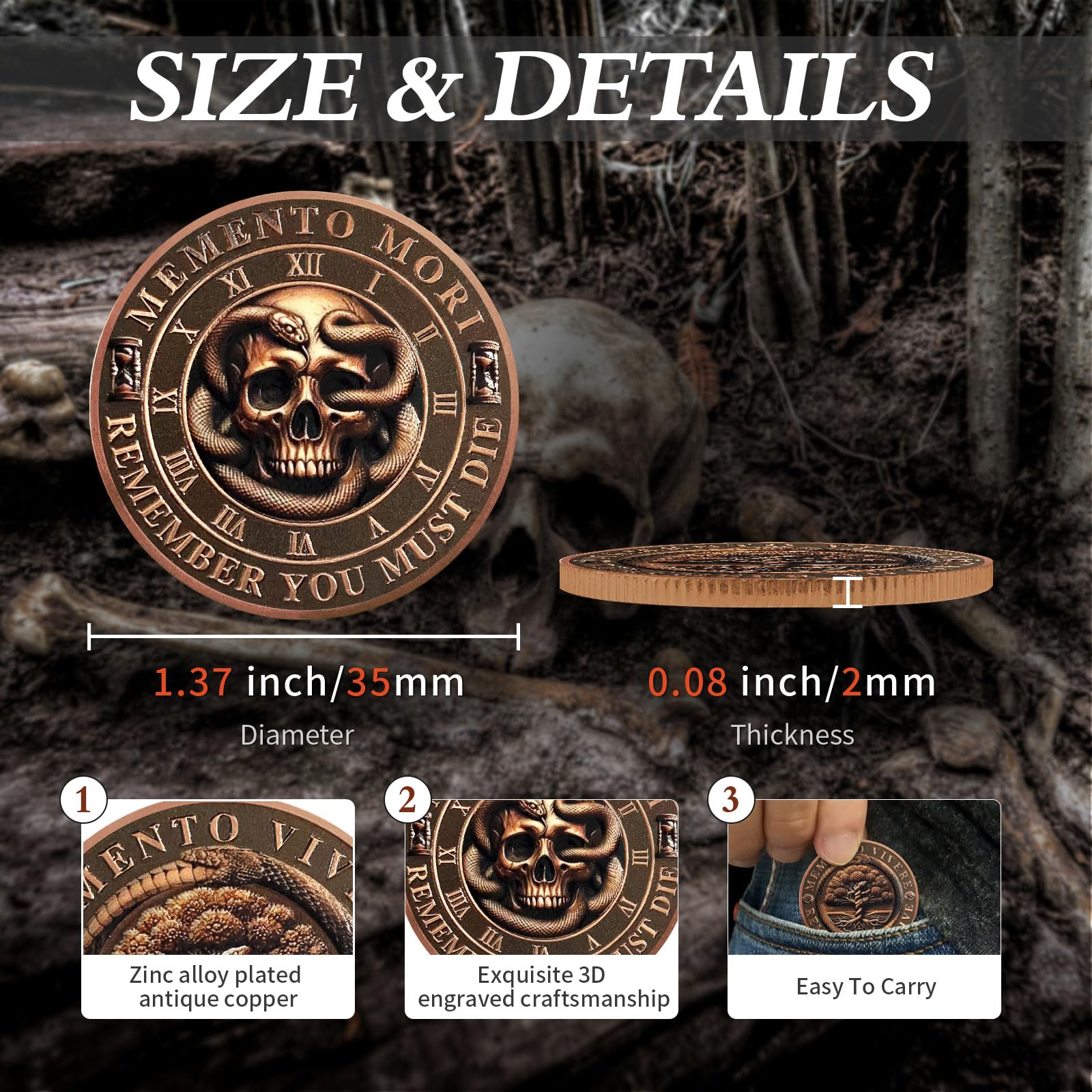 AtSKnSK Memento Mori Moneda Memento Vivere Monedas Árbol de la Vida Moneda Calavera Desafío Moneda Medallón Chip Regalo Estoico Memento Moneda Memento Vivera Moneda Moneda Moneda Calavera