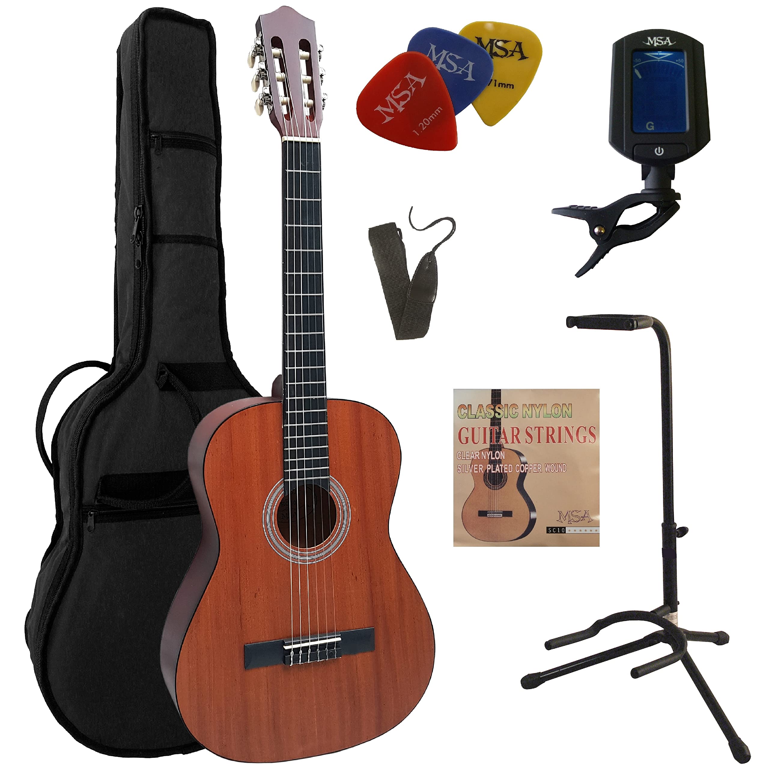 4/4 GITARRE - MAHAGONI KONZERTGITARRE IM SET - CLASSIC - NATUR - TASCHE - BAND - SAITEN - 3xPLEKTRON - STIMMGERÄT - STÄNDER