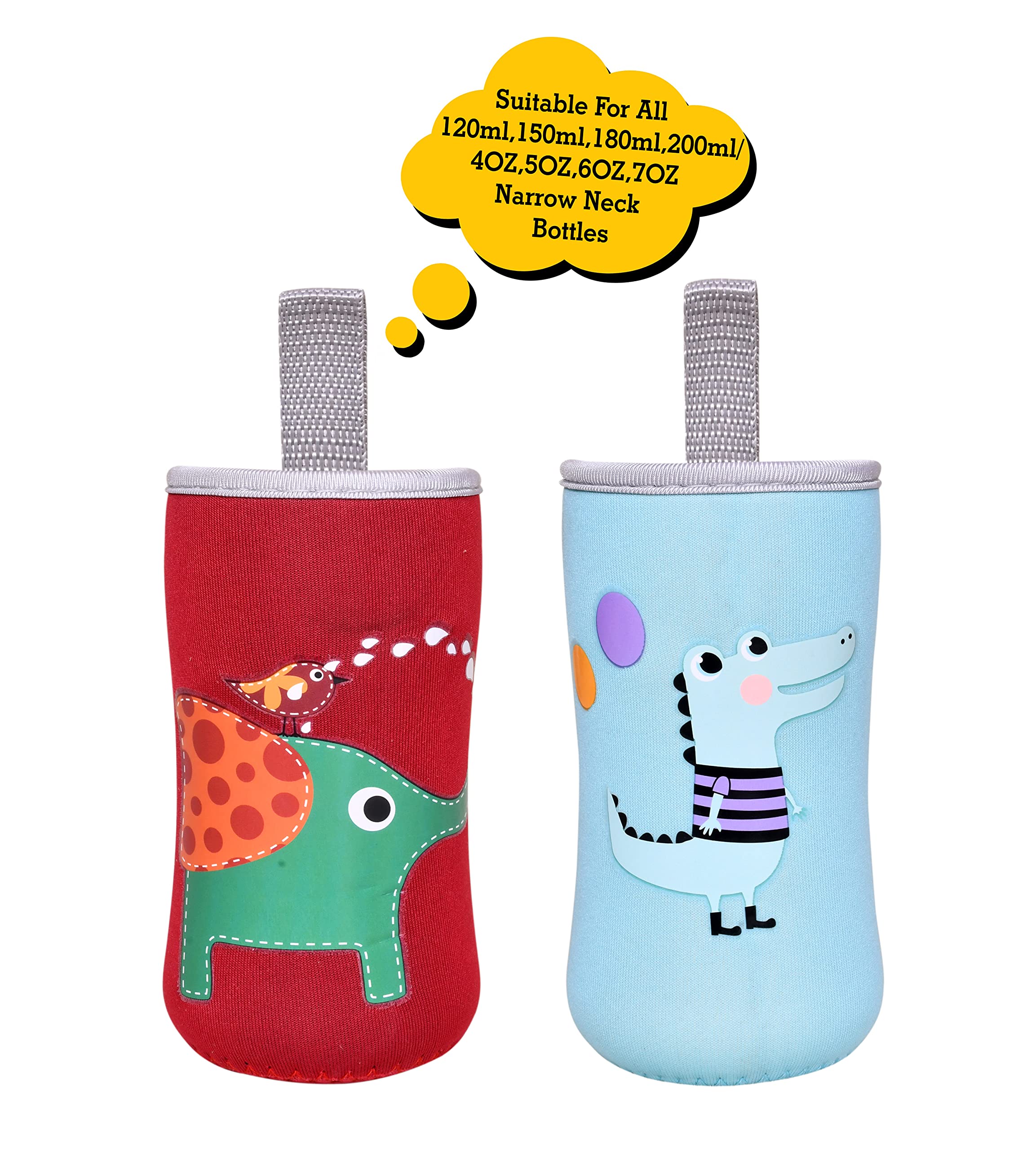 THE LITTLE LOOKERS Cute Animated Patterned Soft Stretchable Baby Feeding Bottle Cover with Easy to Hold Strap for 120ml, 150ml, 200ml (Dinosaur & Elephant, Pack of 2) - Image 2 thumbnail