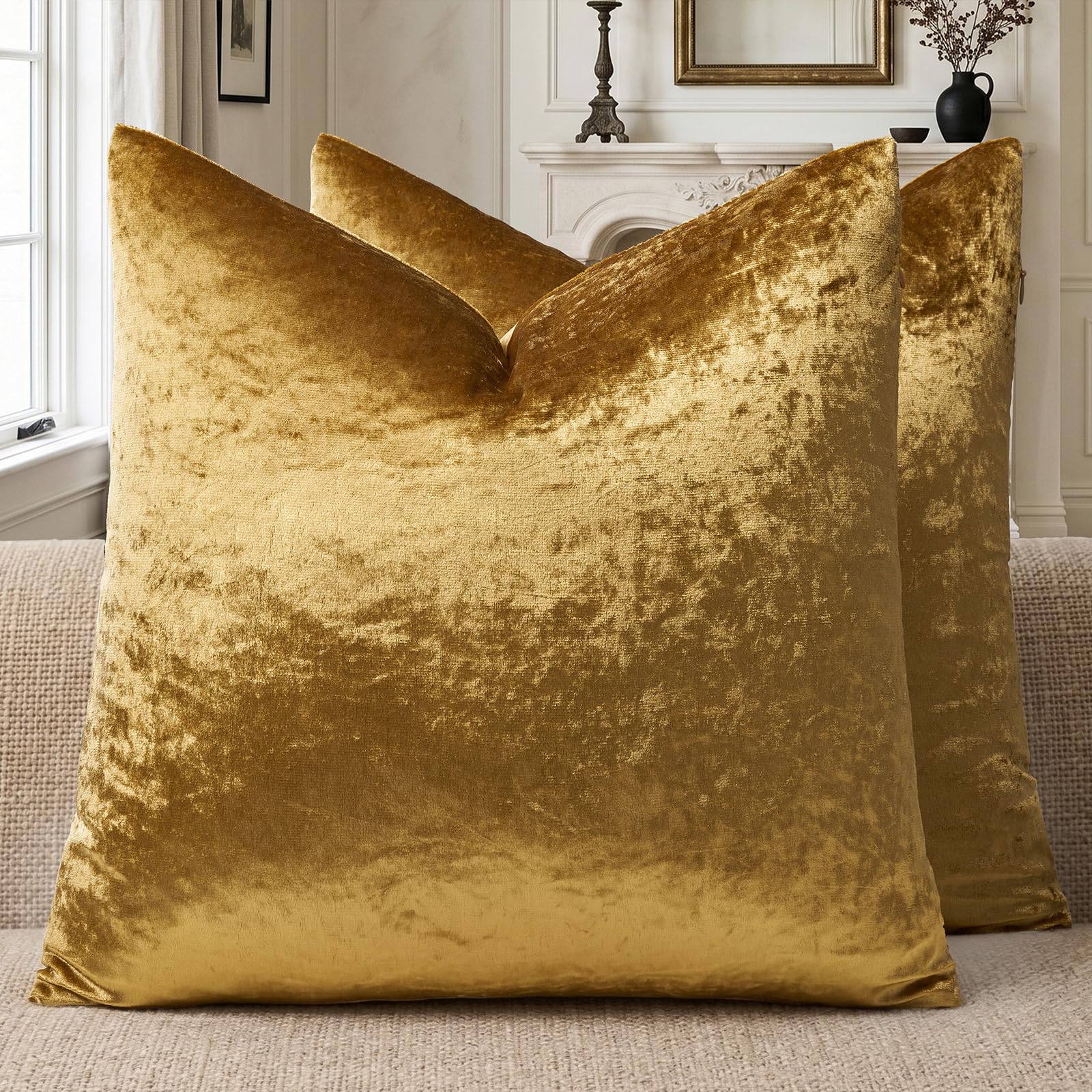 GIGIZAZA Crushed Gold Velvet Throw Pillow Covers 20x20 Pack of 2