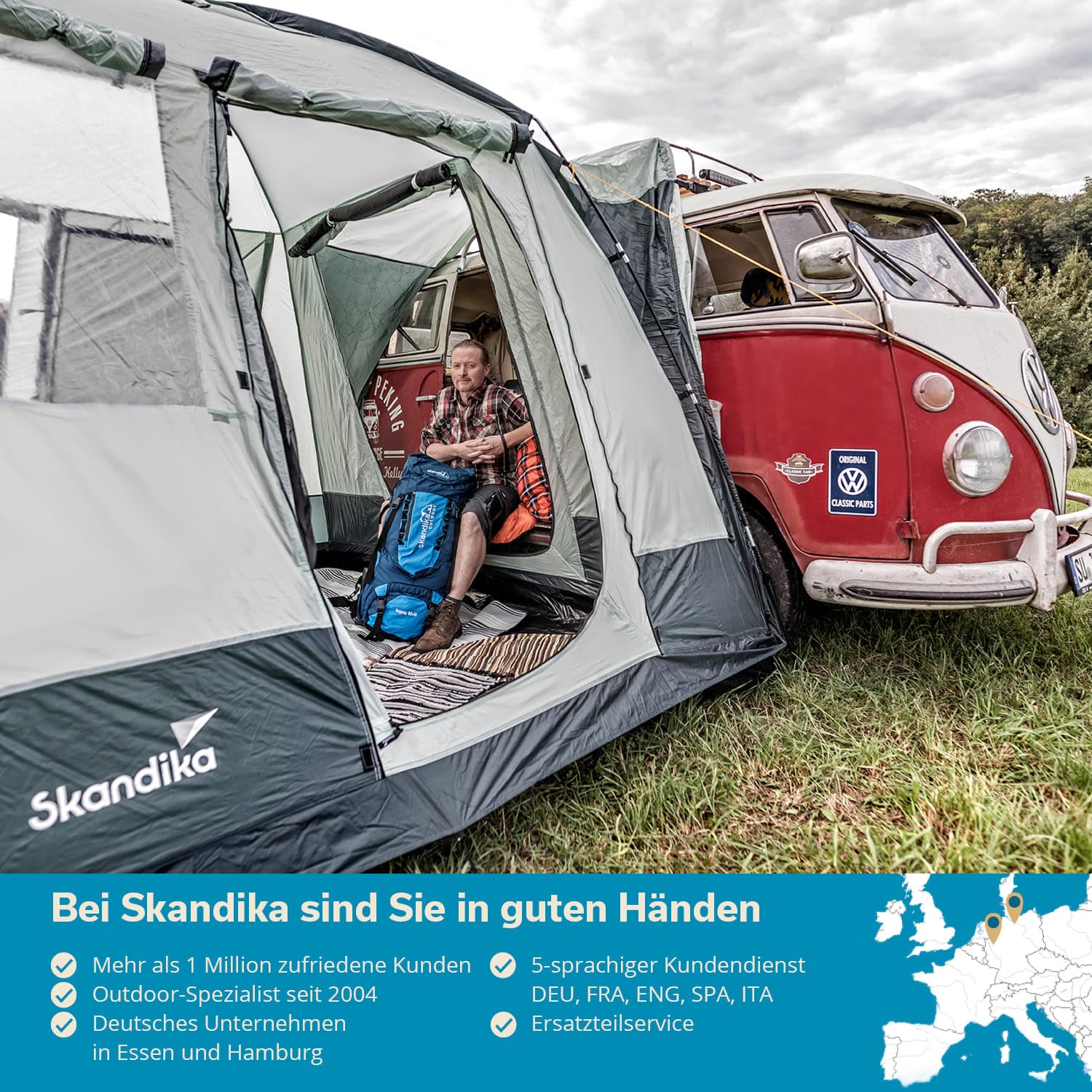 Skandika Busvorzelt Pitea Van Protect | 4 Personen, freistehend, eingenähter Zeltboden, 2,2 m Stehhöhe, große Fenster, wasserfest, 3000 mm Wassersäule, Moskitonetze, 3 x 3 m, Kuppelzelt für Bus, Caddy
