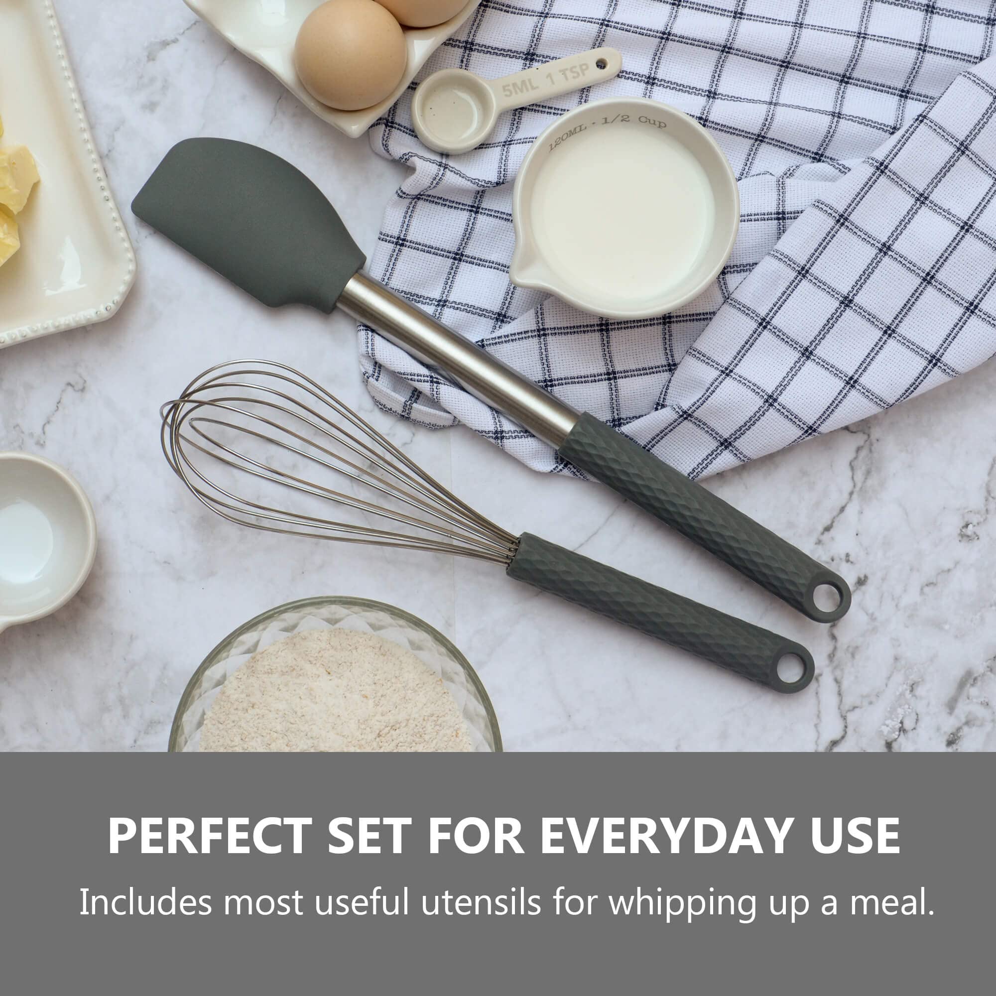 Set di utensili da cucina: utensili da cucina in silicone con manico in acciaio inox, set da 12 (grigio)