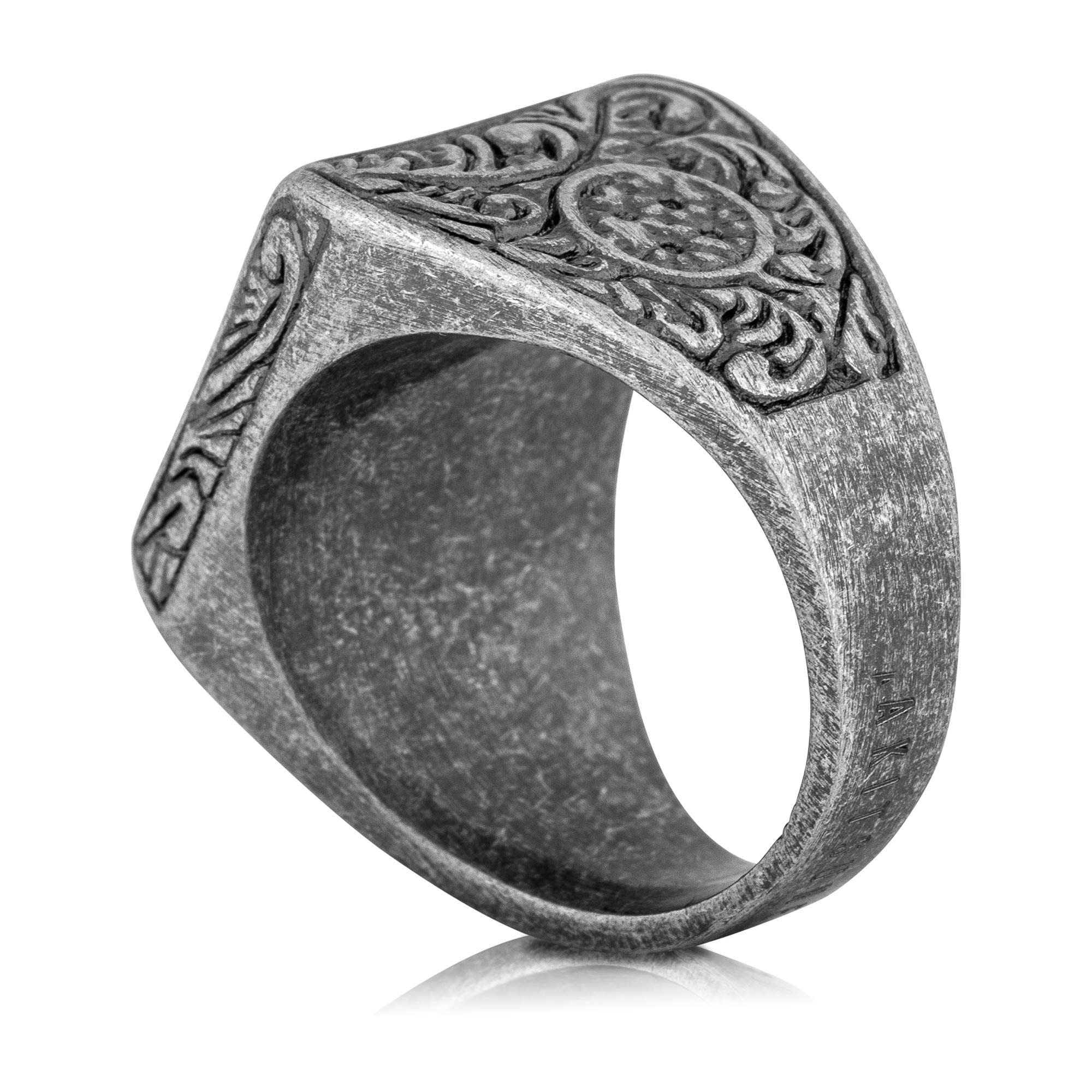 Akitsune Floris Anillo | Design-Anillo Mujer Hombre Acero Inoxidable Sello de Adorno Floral Grande - Antiguo Plata - US 10