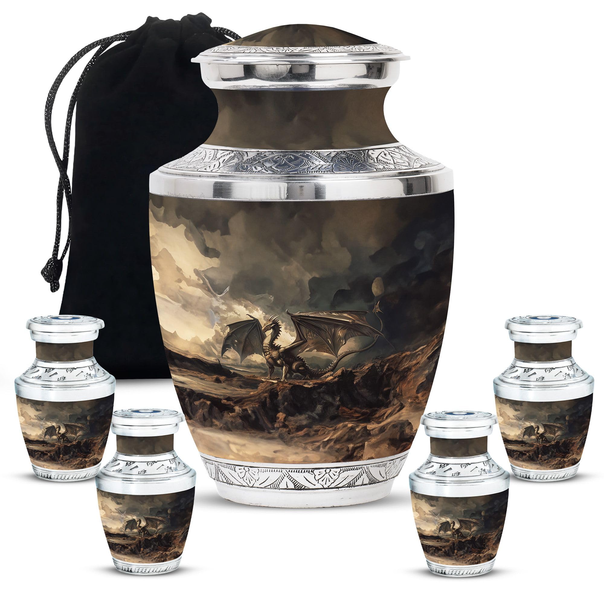 YATHABHISA Dragon Urn, Funeral Urn - Combo of 1 Large Urn with Velvet Bag and 4 Small - Cremation Urns Small - Urns for Human Ashes Adult Men - Small Urns for Ashes - Large Urn for Mom & Dad, Black