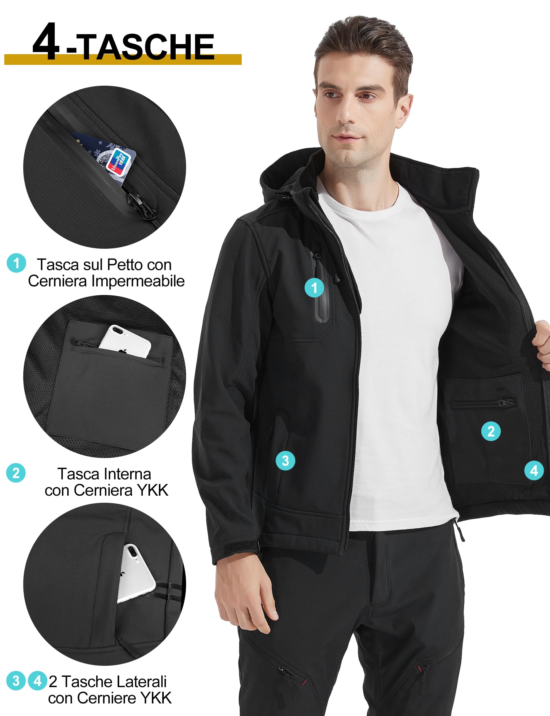 KUTOOK Giacca Softshell Impermeabile da Uomo con Cappuccio Giacca Trekking Invernale per Montagna Arrampicata Escursionismo Sci Neve e Vita Quotidiana HC001