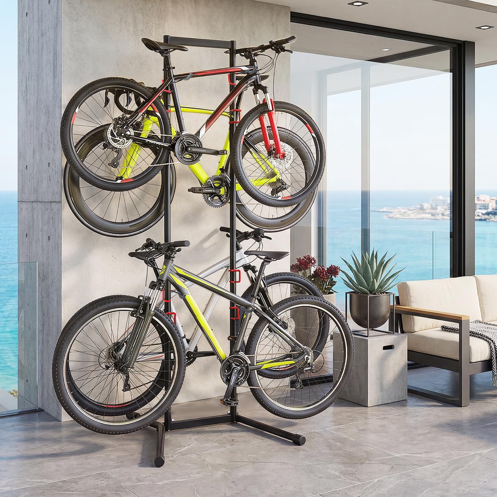 COSTWAY Portabici Verticale a 4 Posti, con 8 Ganci Regolabili e Rimovibili