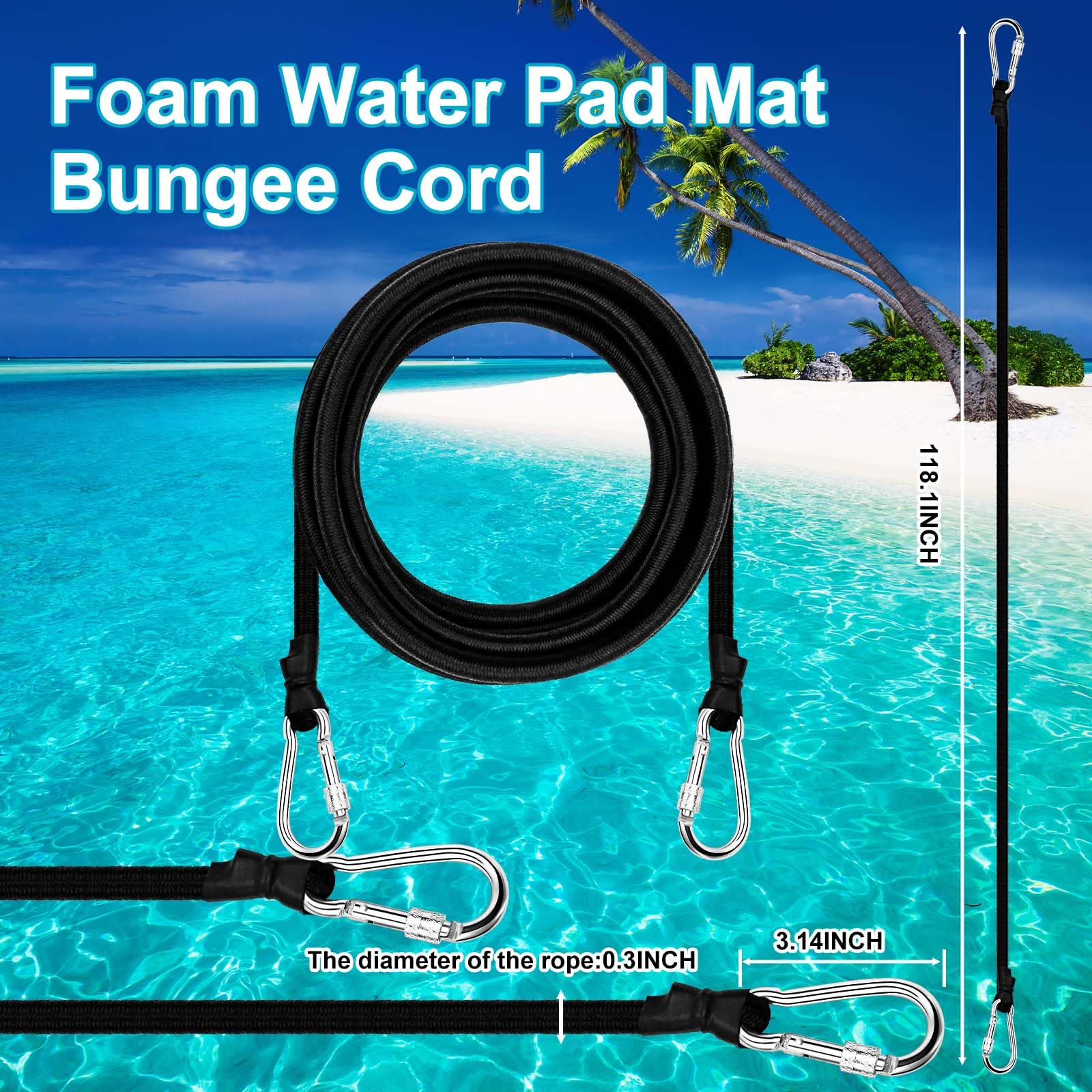 118 Inch Foam Water Pad Bungee Cord Lily Pad Bungee Cord with 2 Carabiners Foam Lake Mat Cord Floating Mat Tether Kit for Secure Mooring