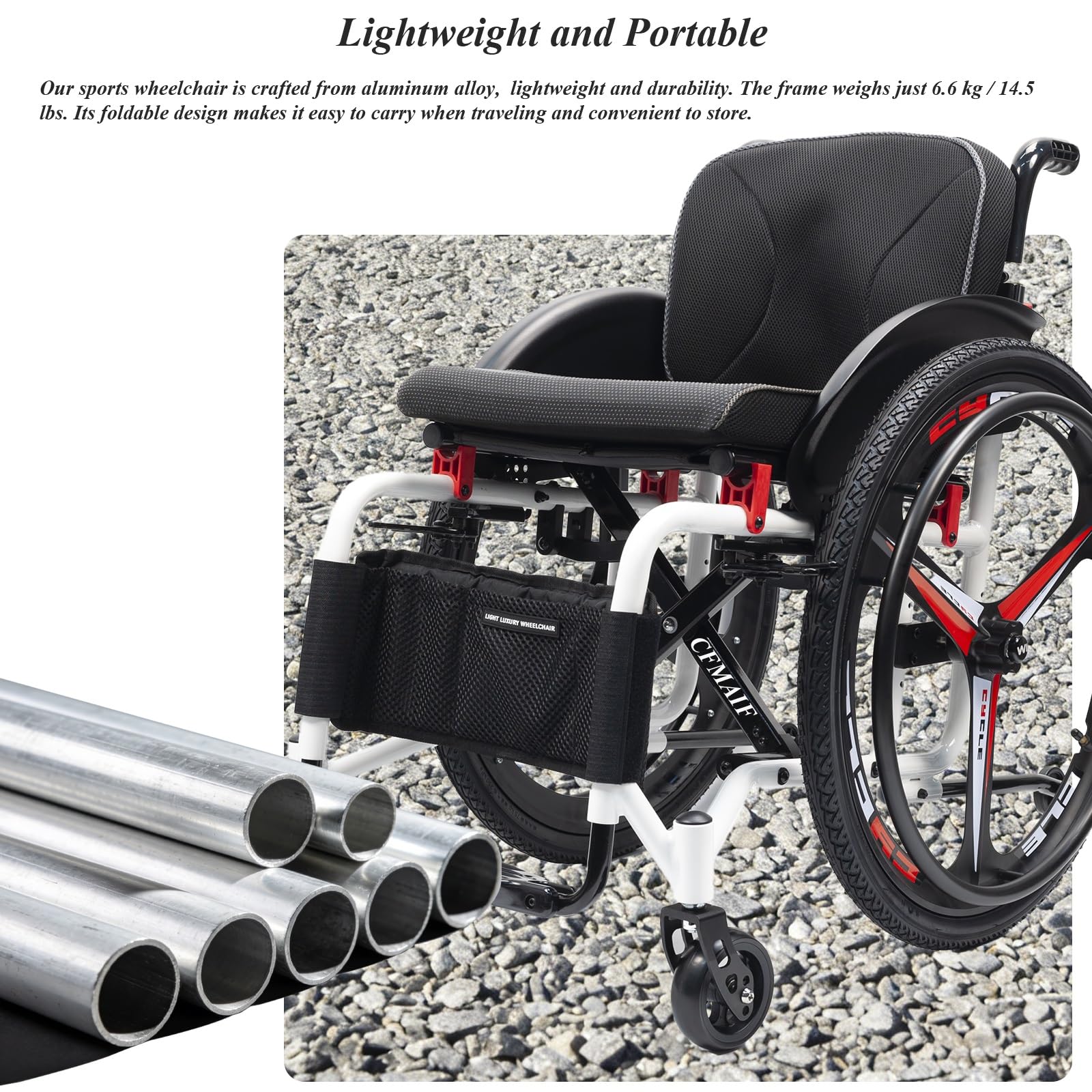 Składany wózek samonastawny, samobieżny ręczny wózek inwalidzki, aluminium, lekki, wózek sportowy, kieszeń do przechowywania (42 cm/16,5 cala)