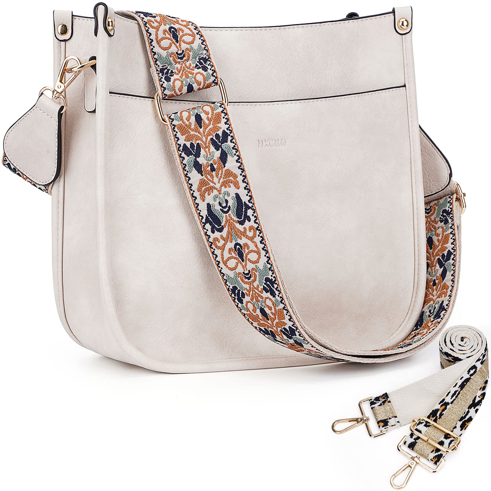 HKCLUFCrossbody Bags for Women Trendy Designer Vegan Leather Hobo Handbags With 2 Adjustable Jacquard Embroidery Guitar Strap Crossbody Shoulder Bags(White)