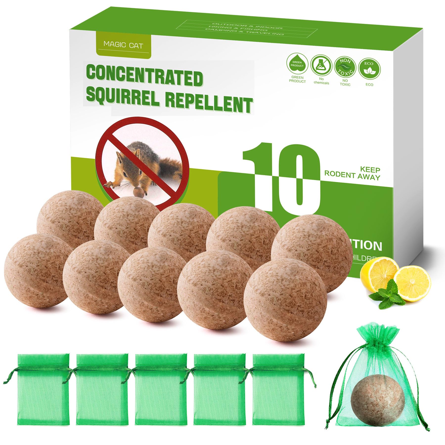 MAGIC CAT Squirrel Repellent Outdoor, 10 Pack Natural Peppermint Oil Squirrel Deterrent for Indoor Attic Pet Family Safe, Rodent Repellent to Keep Squirrel Chipmunk Away from Bird Feeder Garden Garage