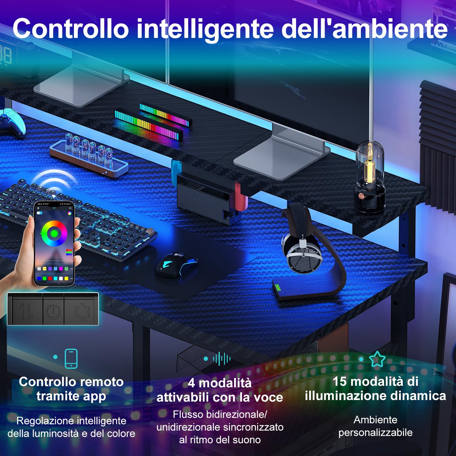 JUMMICO Scrivania Angolare a Forma di L 135 cm con Luci LED, Scrivania per Computer Ufficio Casa, Tavolo da Gaming con Ripiani Portaoggetti, Struttura Stabile e Design Reversibile, Nero
