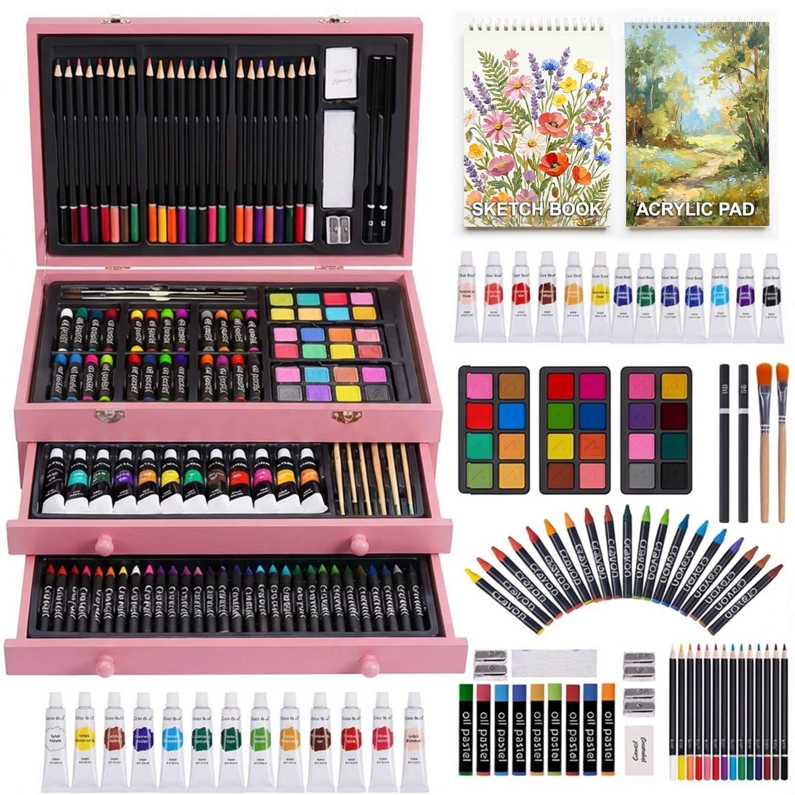 175-Pack Deluxe Wooden Art Set Drawing Painting Kit with 2 Drawing Pads, Acrylic Paints, Colored Pencils, Crayons, Paint Brush, Art Kit in Wooden Case, Gift for Artist, Adults, Teens and Kids