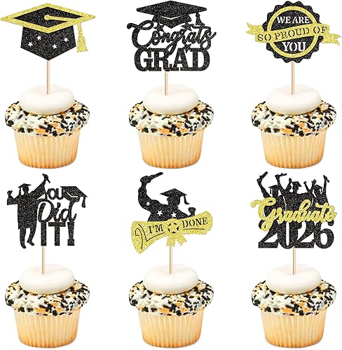 Ercadio 30 piezas 2026 decoraciones para cupcakes de graduación 2026 con purpurina negra y dorada con texto en inglés You Did It para cupcakes