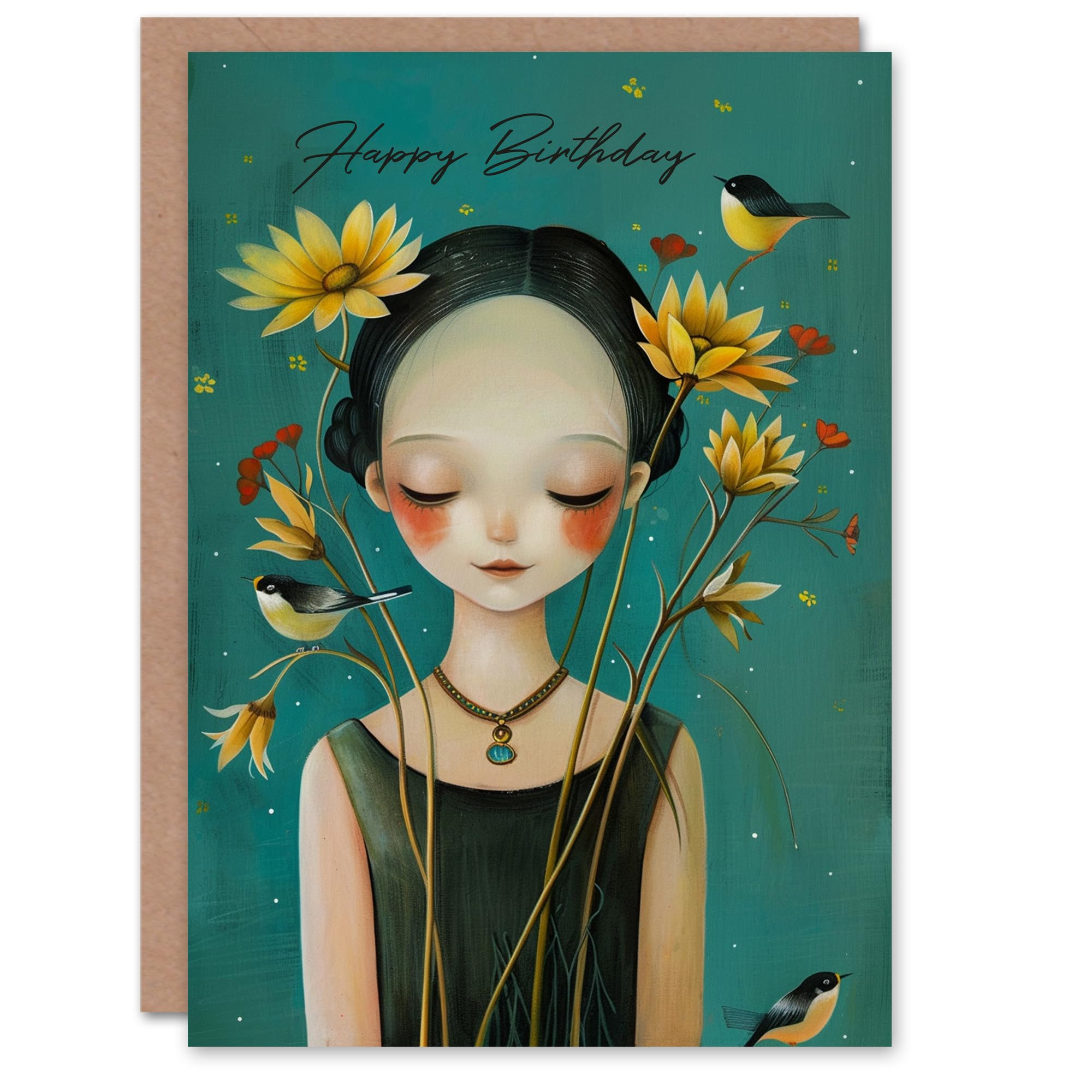 Artery8 Birthday Card Garden Flower Girl Bird Lady Cute Portrait For Her Gran Sister Niece Daughter Wife Woman Greeting Card