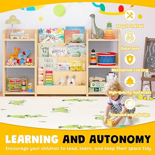 Miniatura 5 de Montessori Estantería y organizador de almacenamiento de juguetes para niños, estantería de madera de 3 niveles con 2 estantes de almacenamiento,