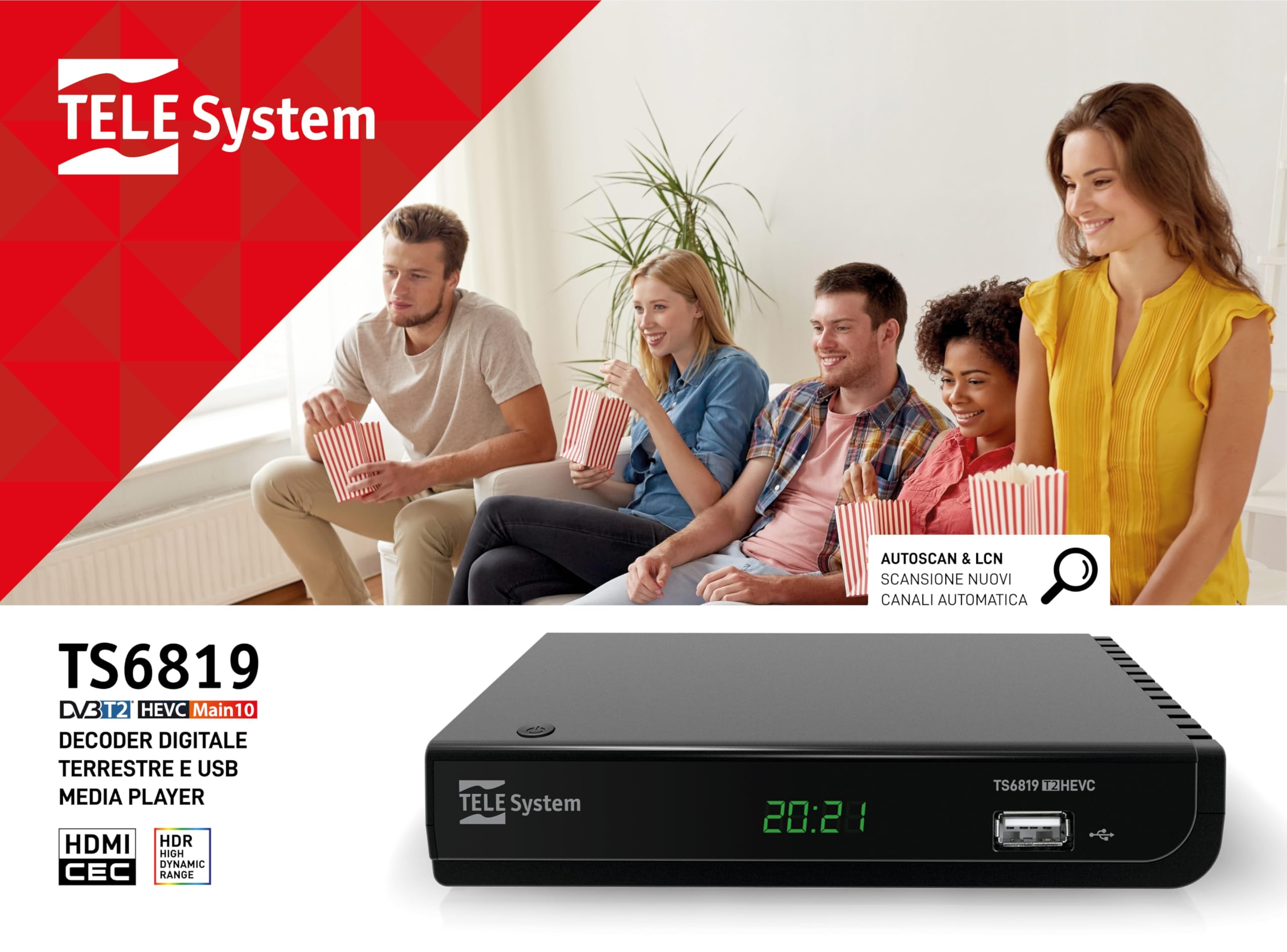 TELE System Decoder Digitale Terrestre HD TS6819 T2HEVC, DVB-T2 HEVC 10 Bit, HDR HLG, AUTOSCAN, LCN, Lettore Multimediale, EPG Guida TV, Telecomando Incluso, Ricevitore TV Digitale Terrestre
