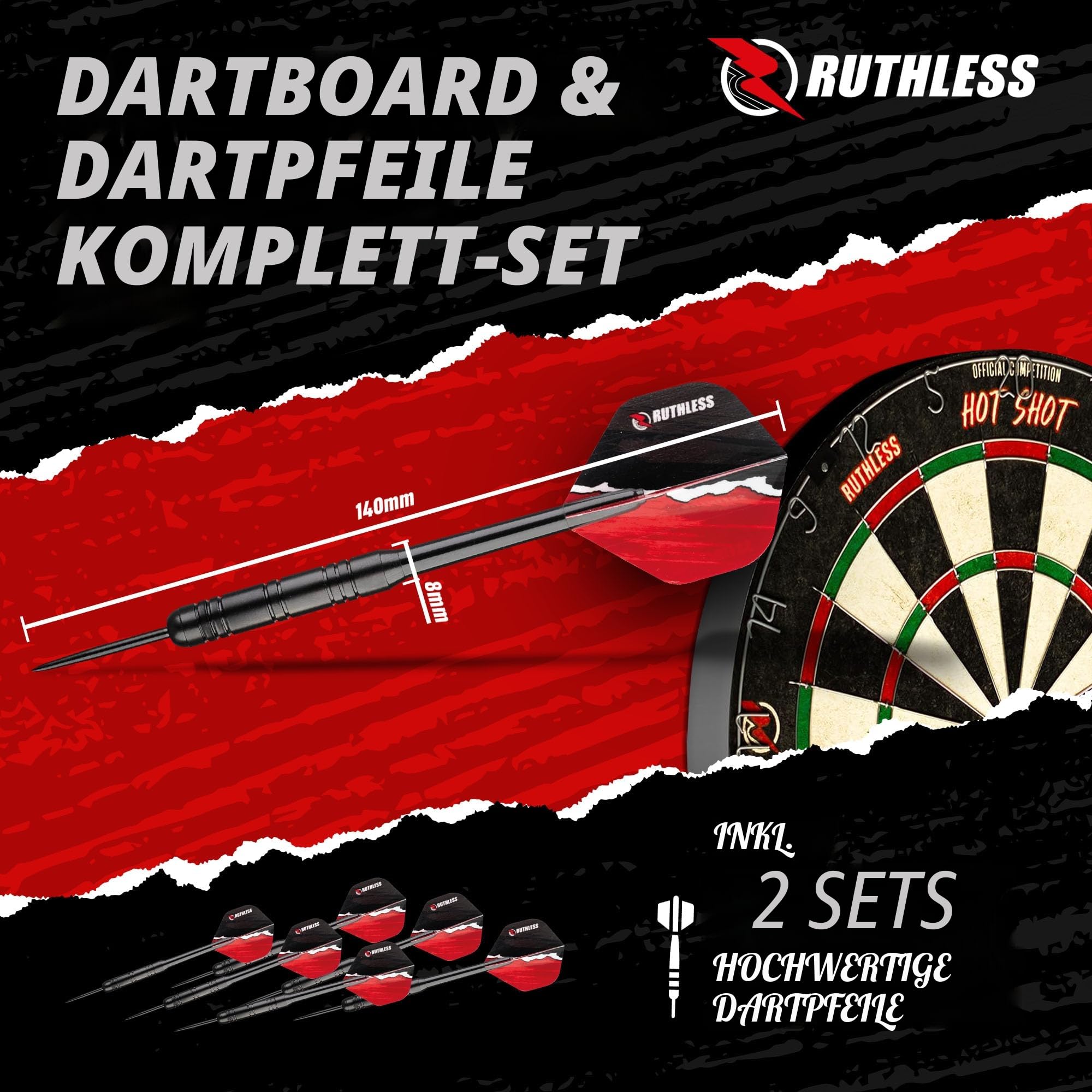 Ruthless Hot Shot Dartscheibe | Endurance Runddraht Sisal Dartscheibe Set inkl. 2 Sets Steeldarts