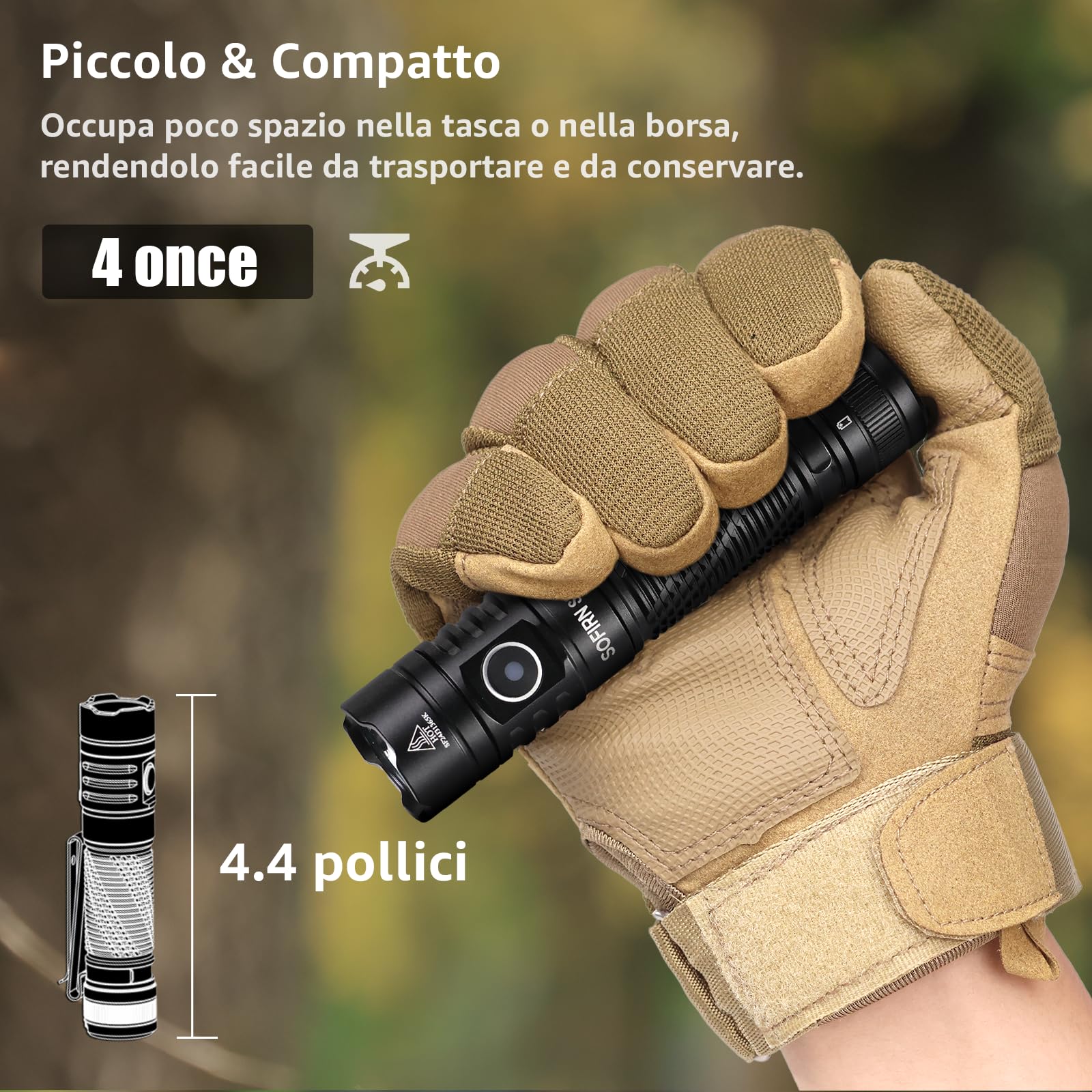 Sofirn SR12 Torcia a LED ricaricabile estremamente luminosa – 1450 lumen, impermeabile IP68, tappo magnetico, portata 396 m, piccola torcia portatile e compatta per campeggio, escursionismo, attività