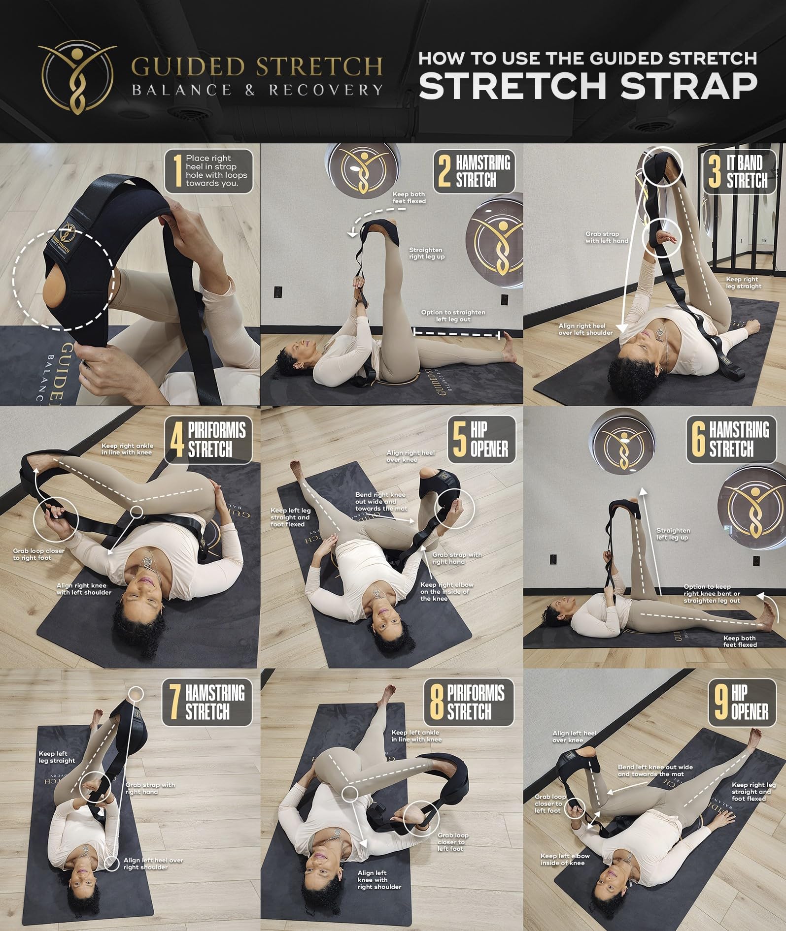 Guided Stretch Yoga Strap with Versatile Loops, No Velcro, Improve Flexibility & Mobility, Relieve Joint Pain!