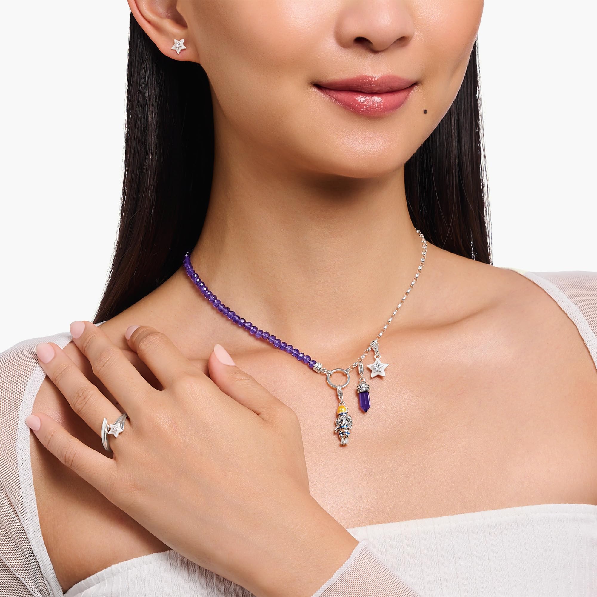 THOMAS SABO Member Charm-Kette mit Gliedern und imitiertem Amethyst Silber 925 Sterlingsilber, Kaltemail