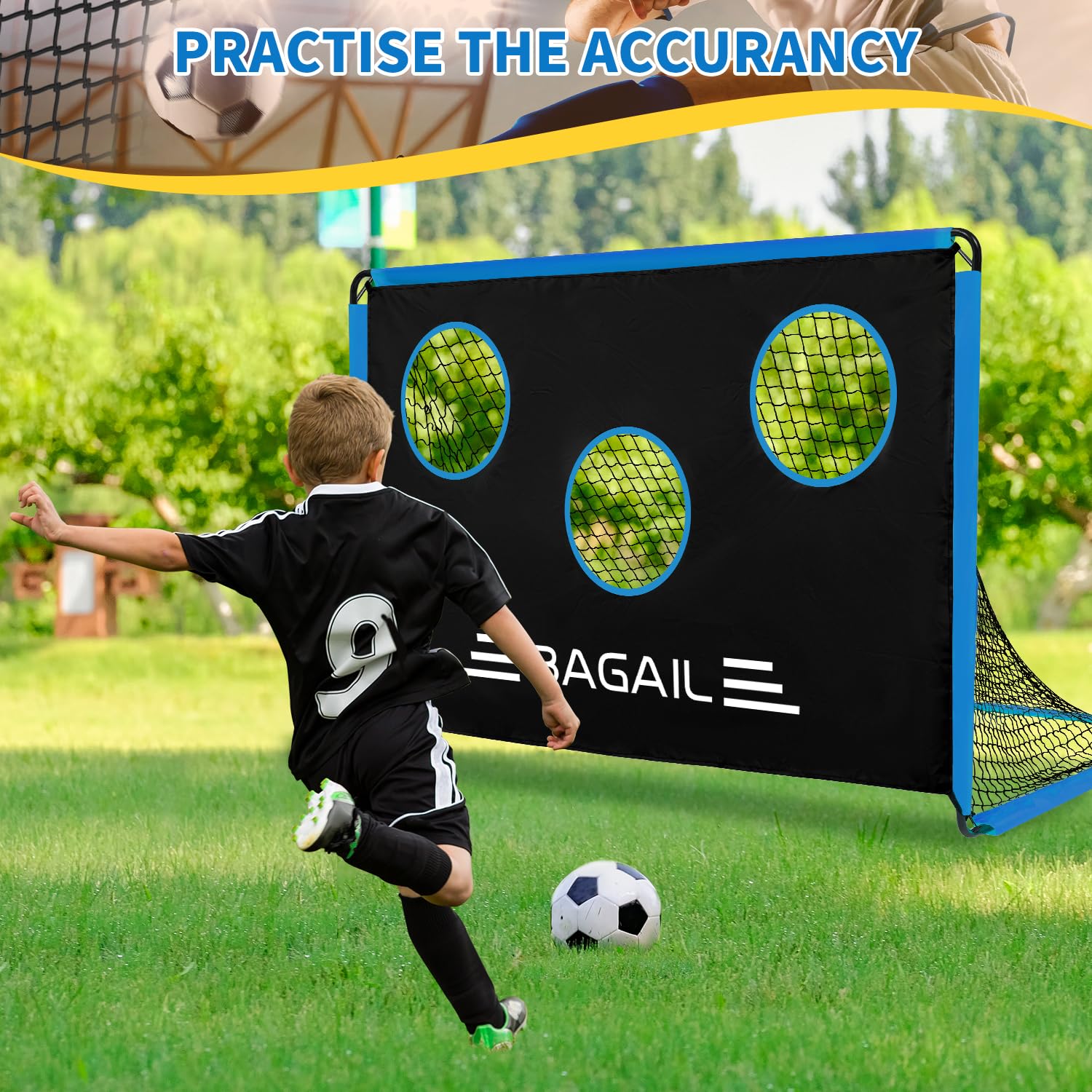 BAGAIL Portería fútbol Mejorada con Diana, diseño 2en1, Incluye Bolsa de Transporte, fácil Montaje, Ideal para Entrenamiento de Tiro y Partidos, 180x120cm