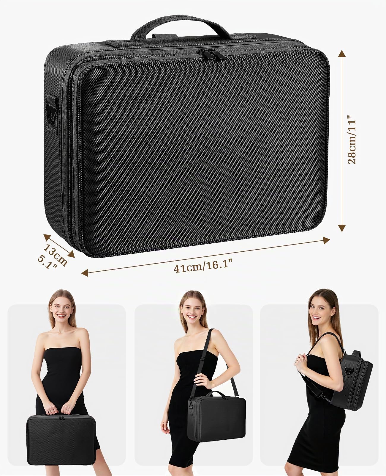 Luxspire Borsa Cosmetica con Specchio, Borsetto Cosmetico Portatile Professionale con Tracolla per Viaggio, Artisti Bagaglio Spazzole Borsa Bagaglio Organizer Tool con Divisor Regolabili - Nero