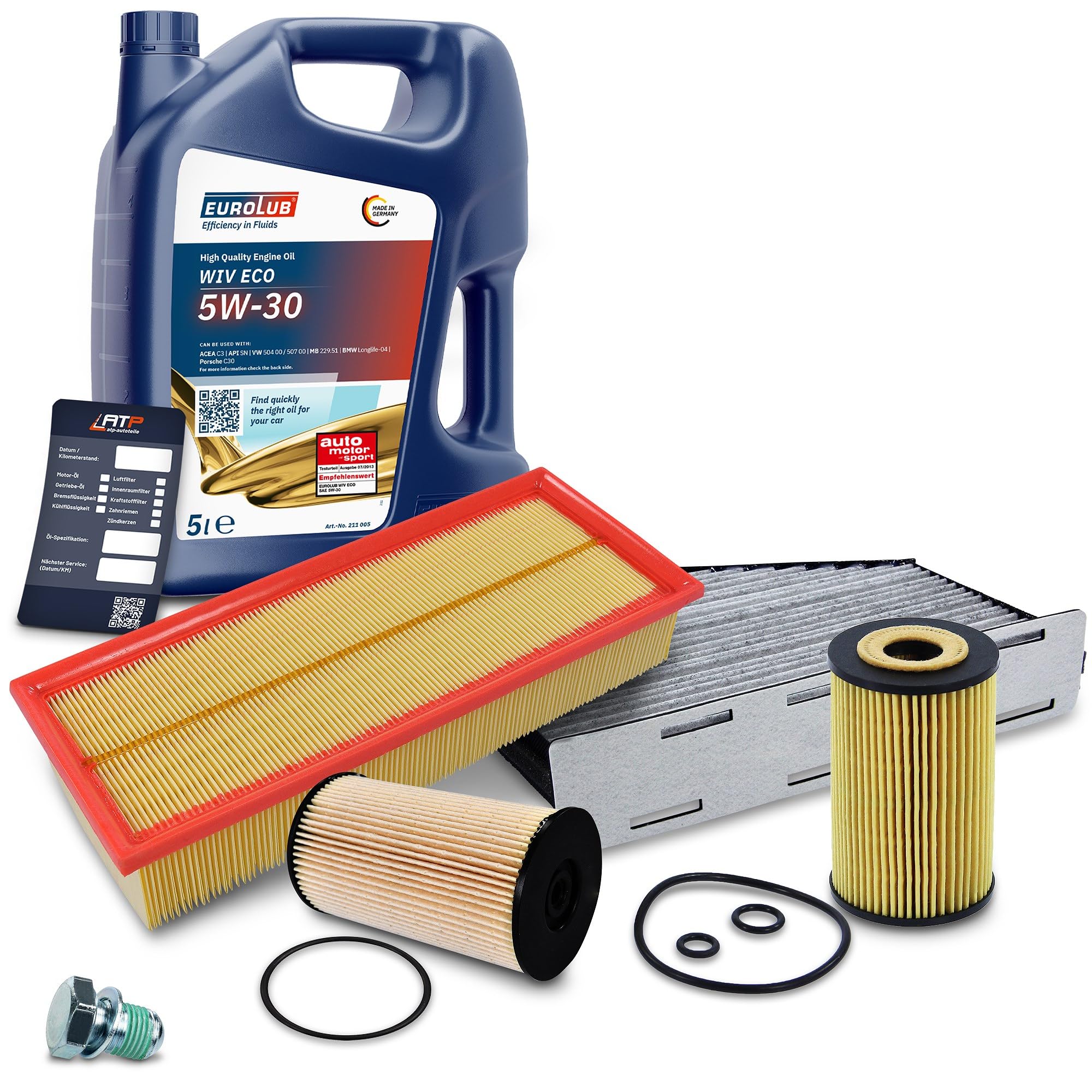 BESTPRICE Inspektionspaket Filterset mit 1x Motoröl 5W-30 5 l, 1x Ölfilter, 1x Kraftstofffilter, 1x Luftfilter, 1x Innenraumfilter (Aktivkohle), 1x Ölablassschraube mit Dichtung