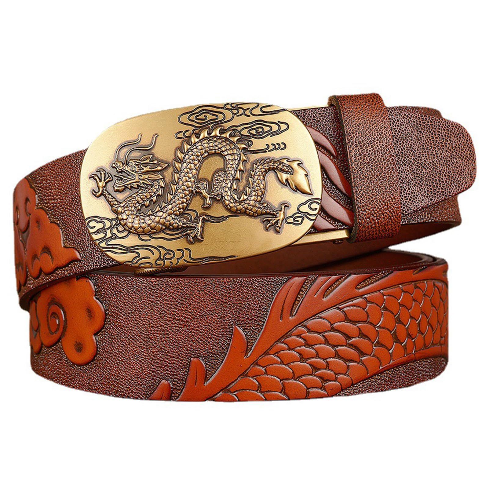 Cinturón De Trinquete para Hombre Hebilla Automática Deslizante Dragon Cinturones De Dragón Tallado En Relieve Longitud 110-130cm Correas De Cuero De Vaca(120cm/47, Brown)