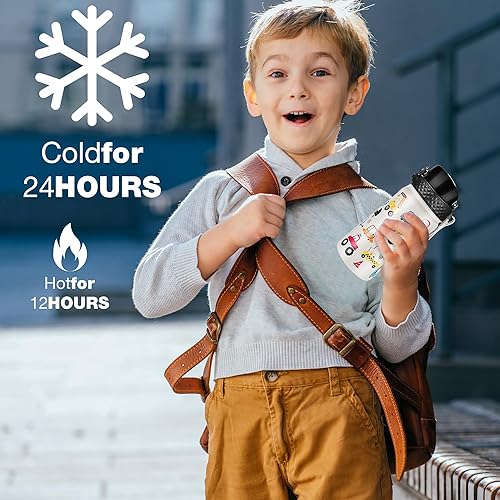 Miniatura 6 de GOPPUS Botella de agua aislada para niños, 14 onzas, sin BPA, botella de viaje de acero inoxidable 188 con popote y doble pared al vacío a prueba de