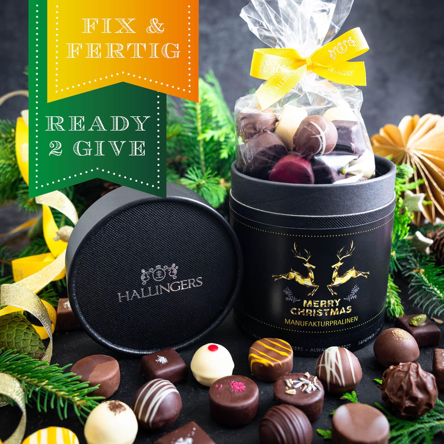 Hallingers Genuss Manufaktur Pralinen Weihnachts-Geschenk - ohne Alkohol, handmade aus Confiserie-Edelkakao in wertiger XXL-Geschenkdose "Merry Christmas", Weihnachten für Frauen Männer