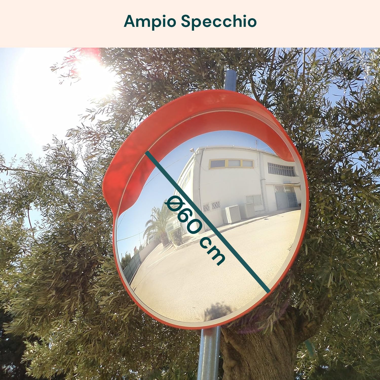 Specchio Stradale Convesso Ø 60 cm - Specchio Parabolico di Sicurezza, Visione Grandangolare 160° - Per Angoli Ciechi per Garage, Parcheggi e Magazzini - Con Kit Montaggio a Parete o Palo