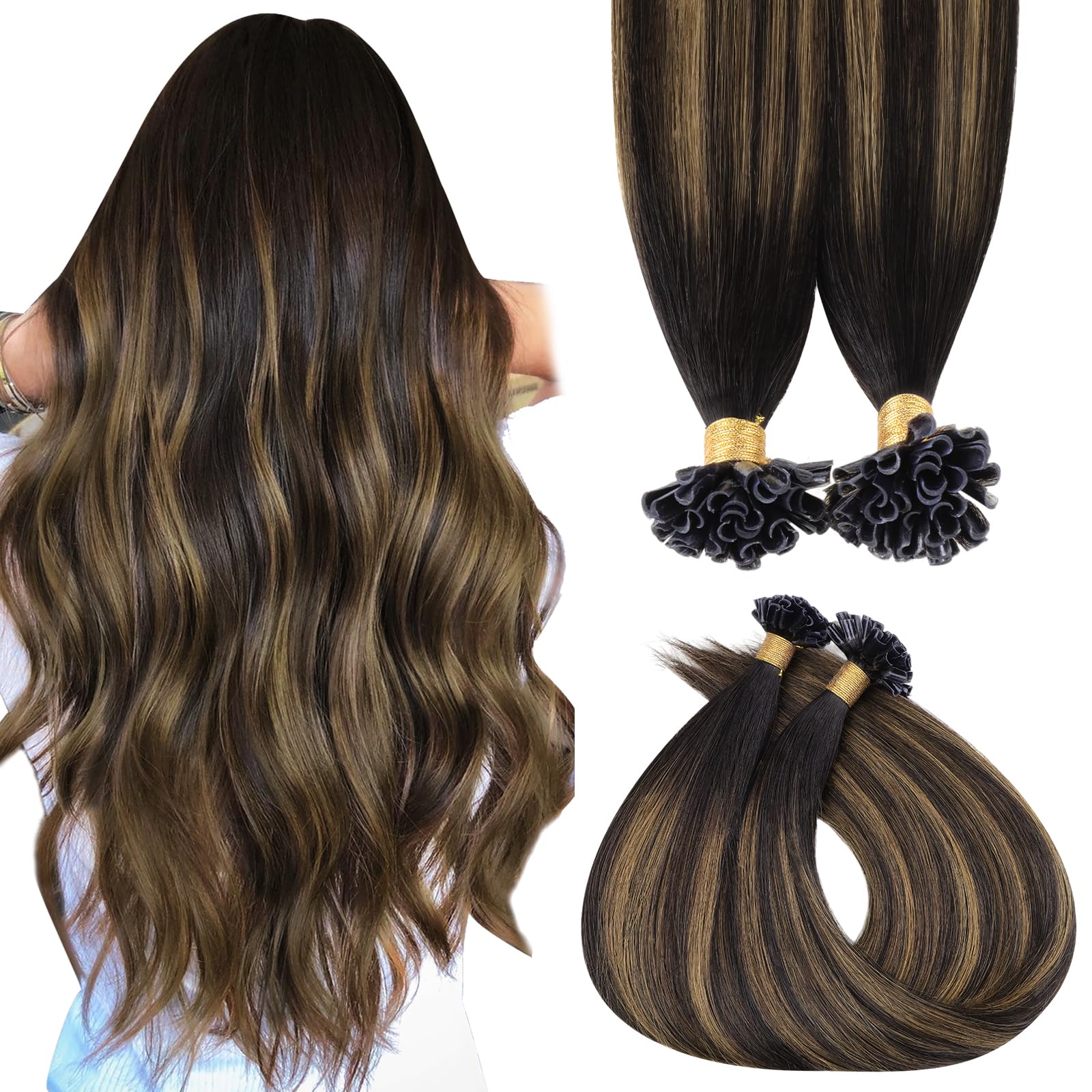 MAXITA U Tip Hair Extensions Human Hair, Balayage Dark Brown Mixed Chestnut Brown Silky Straight Hair Extensions Real Human Hair, 50g/50 Strands/Pack,