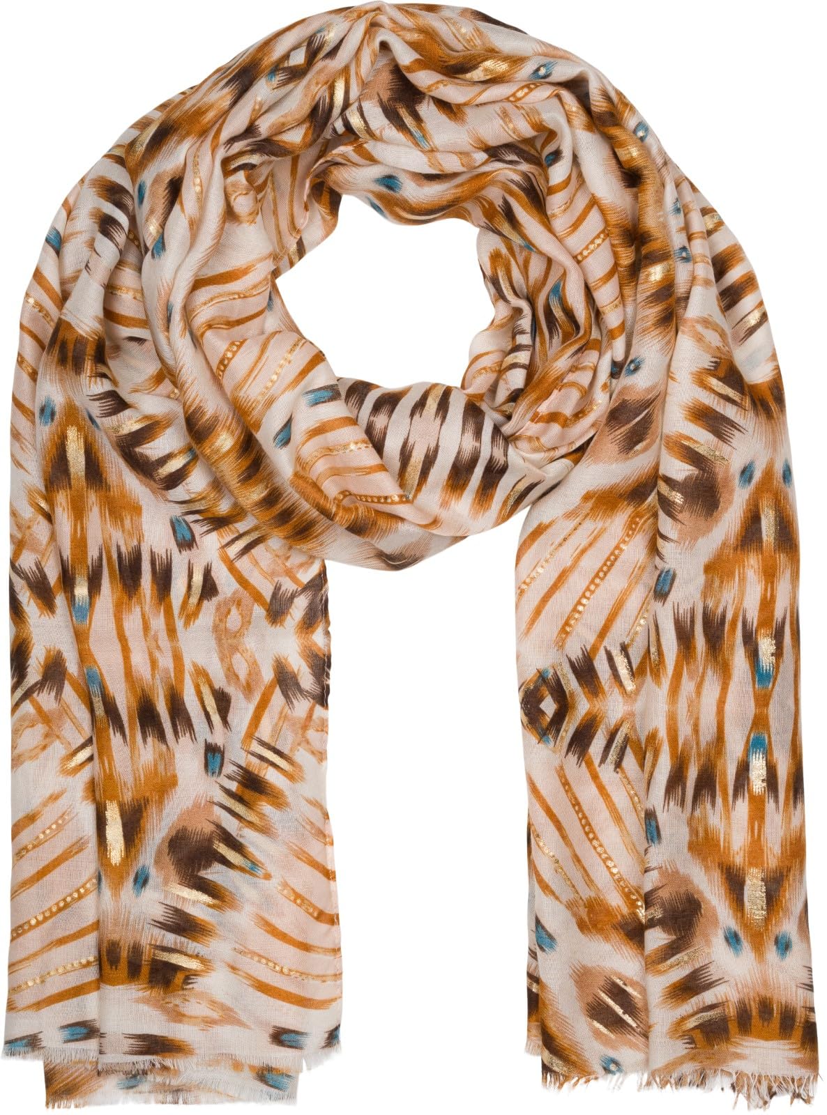 Stylebreaker Women's Beige-Brown Scarf Batik Shibori Pattern With Metallic Stripes, Lightweight Ethnic Cloth With Short Fringes 01016228, Colour: